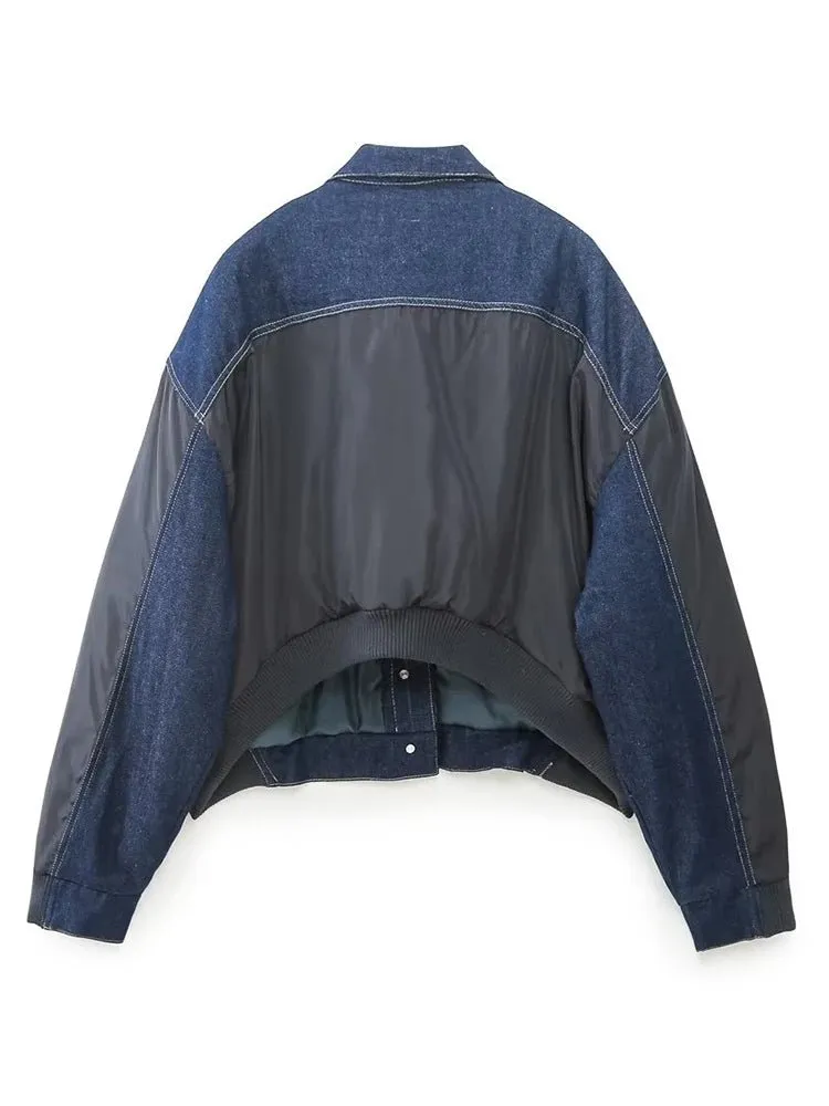 Pre Order:  Spliced Denim Loose Bomber Jacket