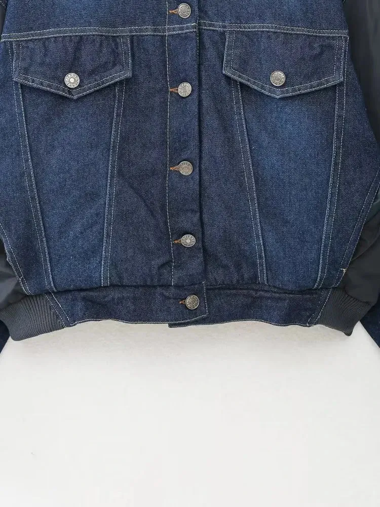 Pre Order:  Spliced Denim Loose Bomber Jacket