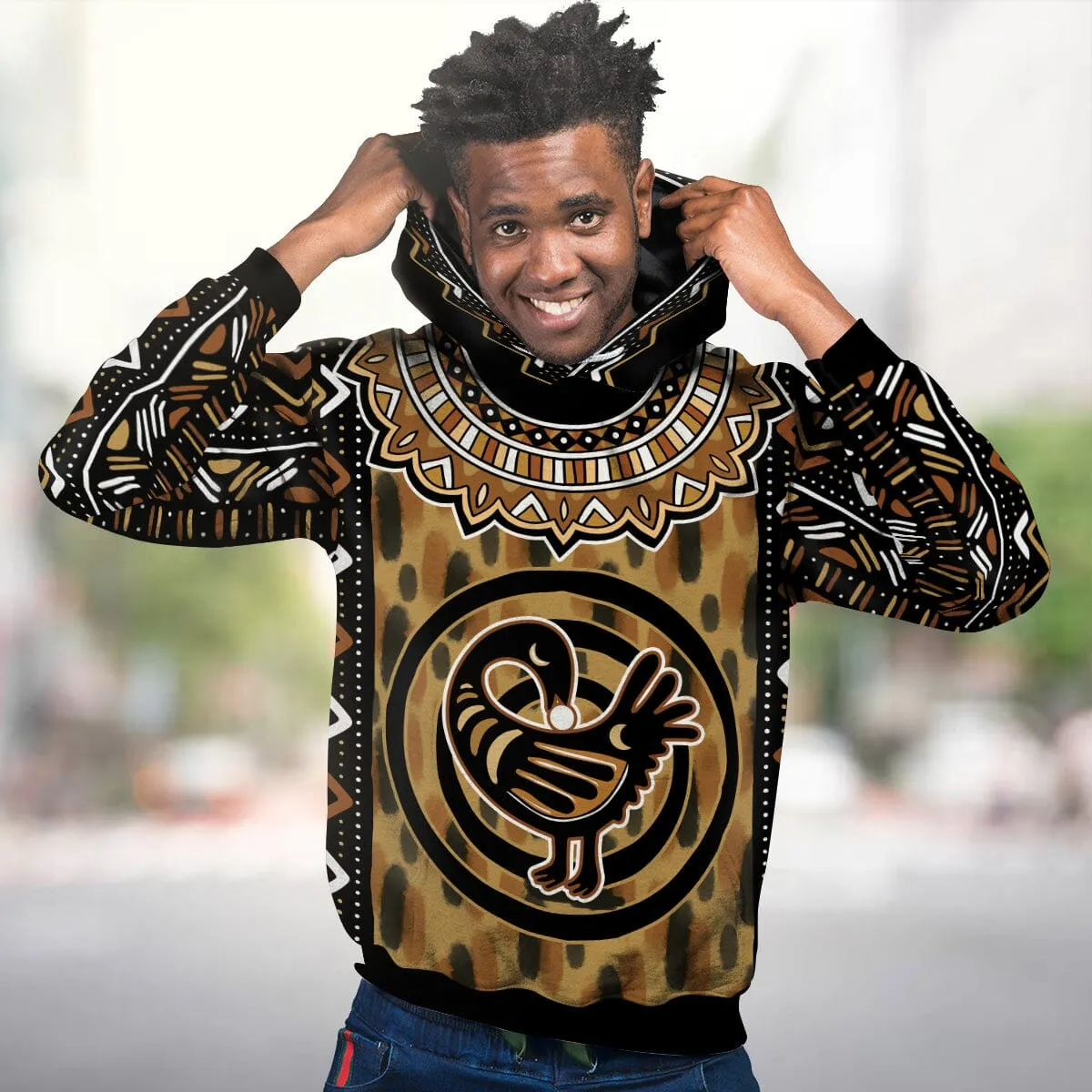 Printed Mud Cloth and Adinkra Symbol Premium Hoodie