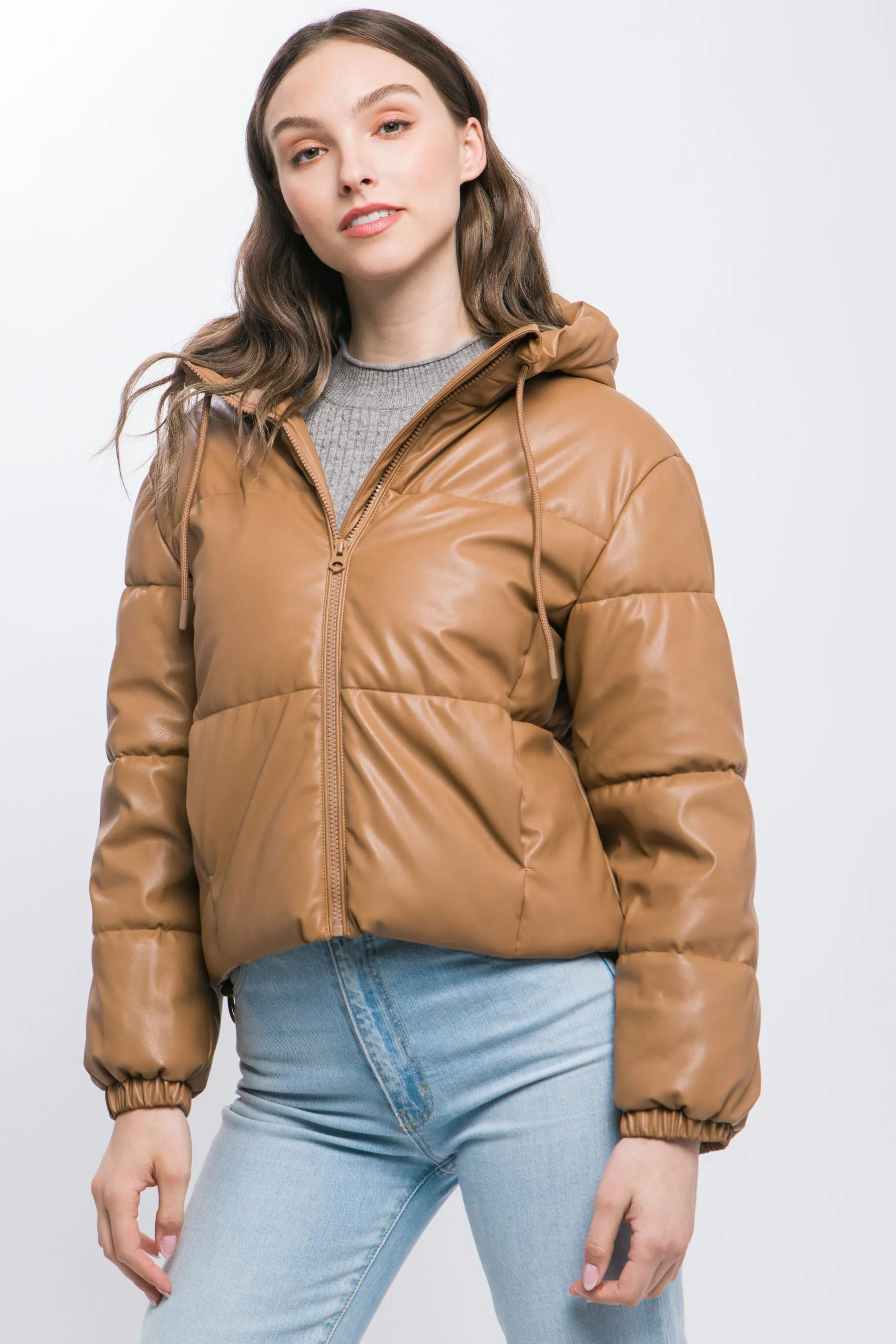 Pu Faux Leather Zipper Hooded Puffer Jacket