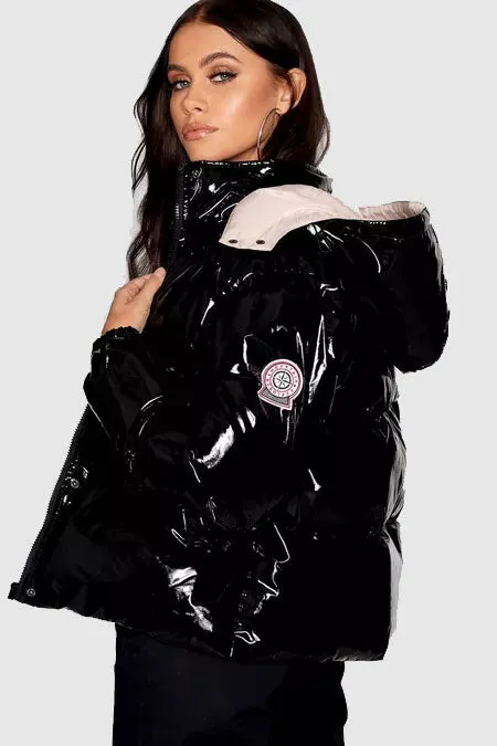 Purchase Best Winter Black Bubble Hooded Vinyl Puffer Jacket For Sale