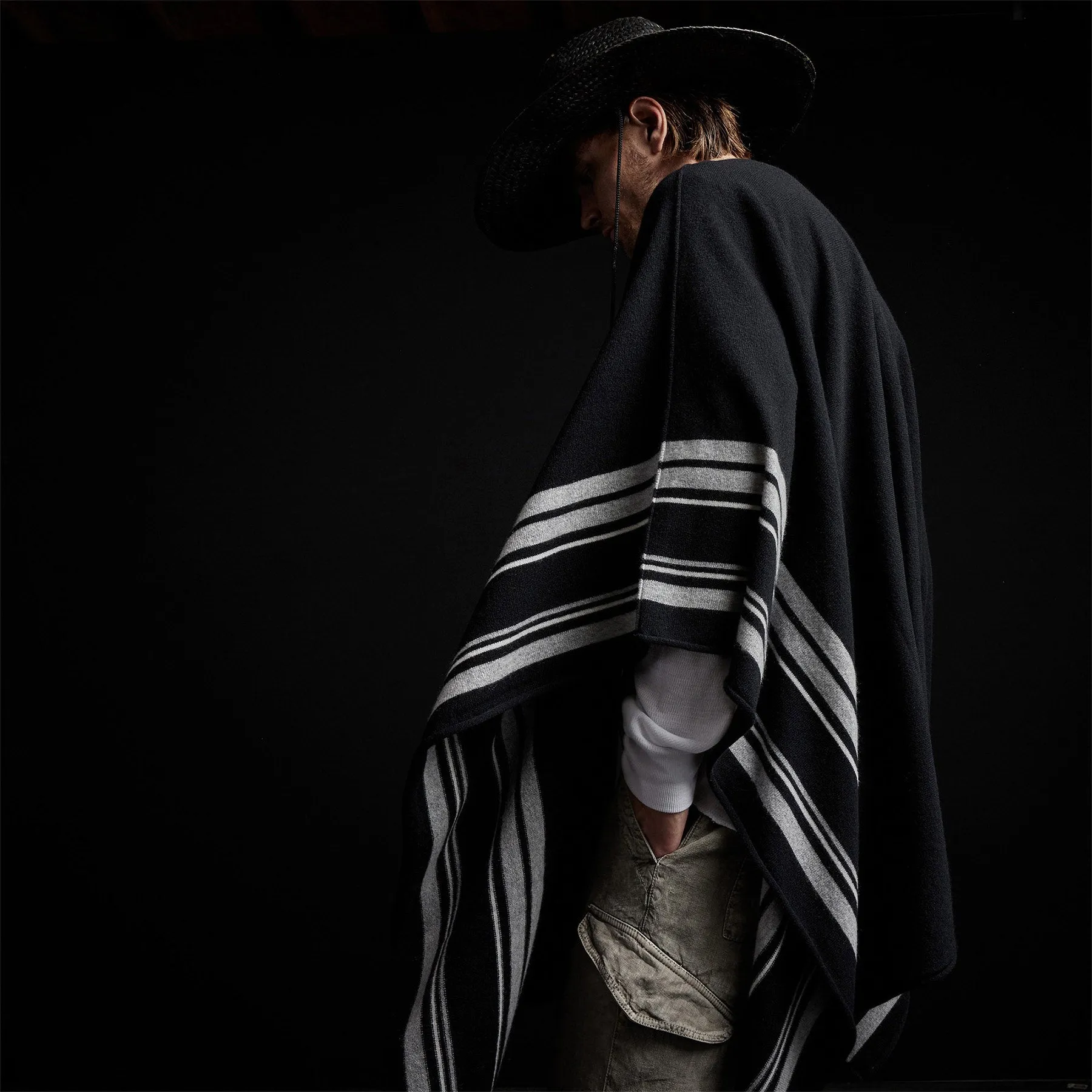 Recycled Cashmere Striped Poncho - Black