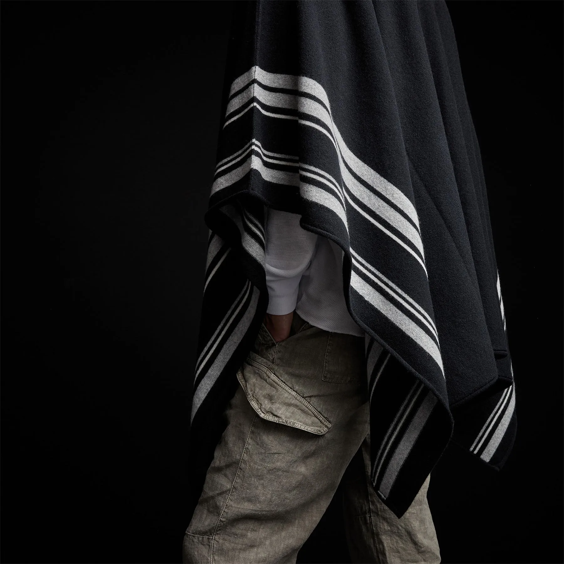 Recycled Cashmere Striped Poncho - Black