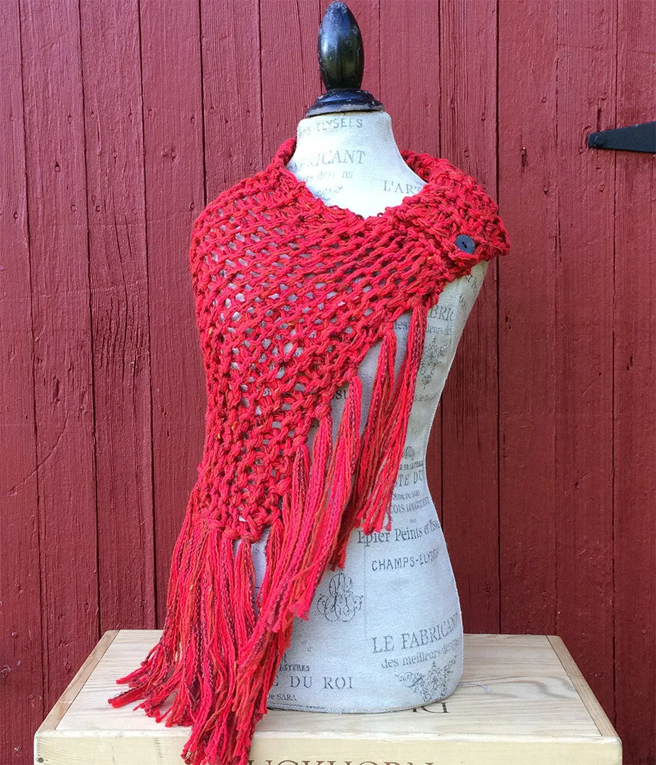 Red Tweed Shawl w/Fringe & Button