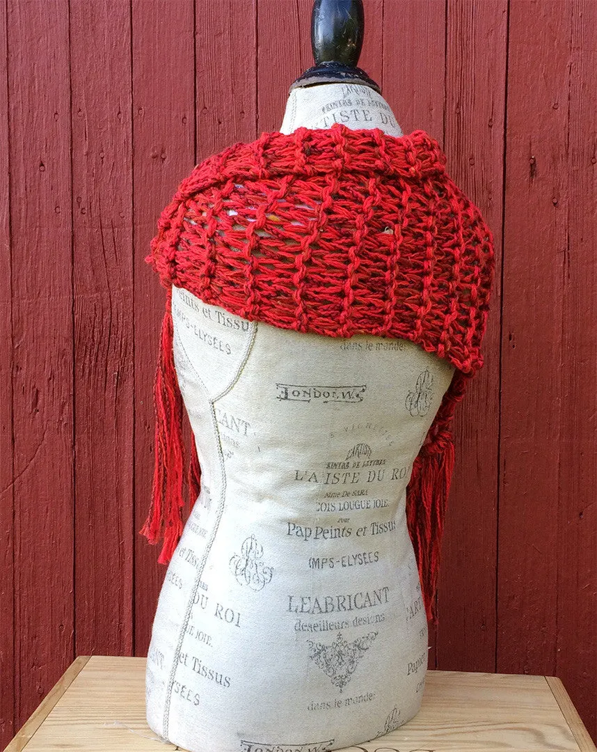 Red Tweed Shawl w/Fringe & Button