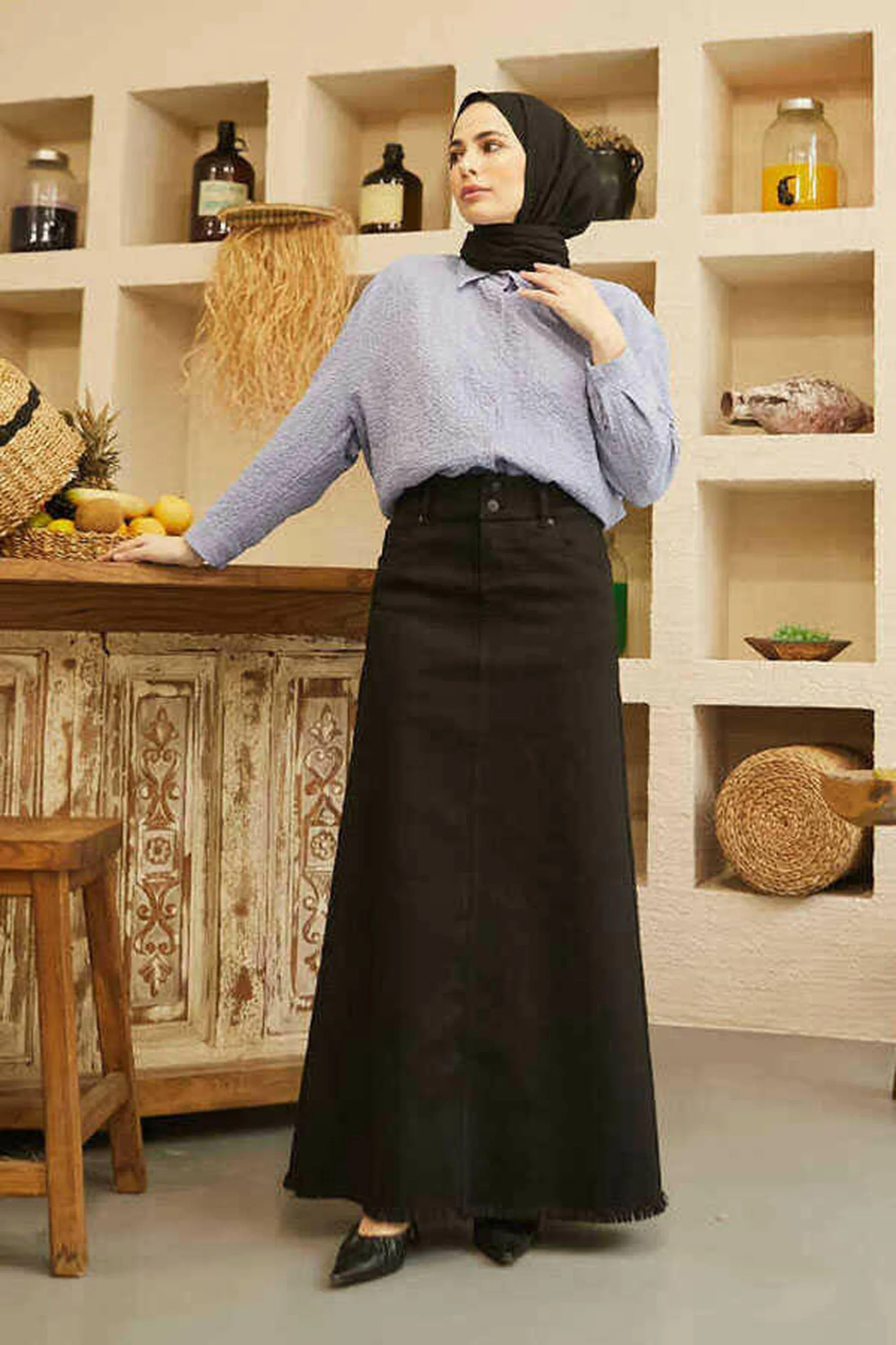 Ridged bottom Skirt Denim Skirt Blue Black