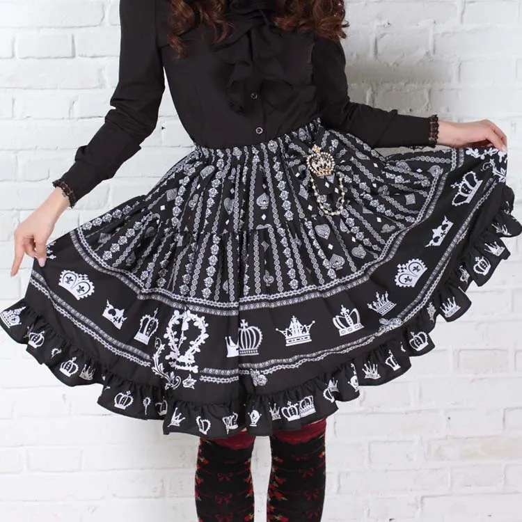 Rococo Style Sweet Princess Black Crown Printed Girl's Short Skirt with Ruffles and Bow