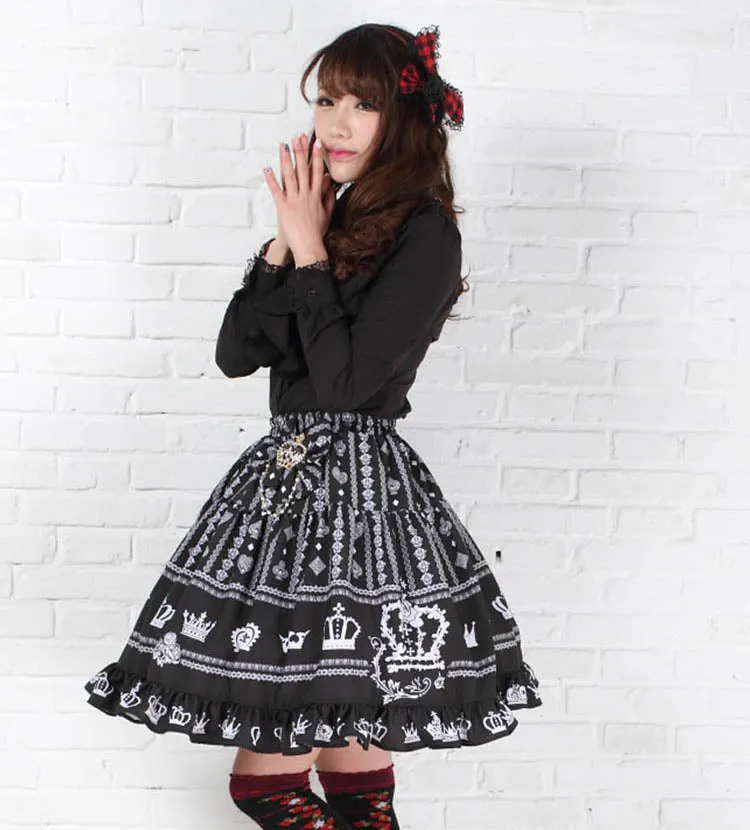 Rococo Style Sweet Princess Black Crown Printed Girl's Short Skirt with Ruffles and Bow