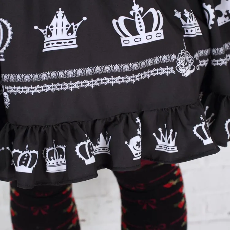 Rococo Style Sweet Princess Black Crown Printed Girl's Short Skirt with Ruffles and Bow