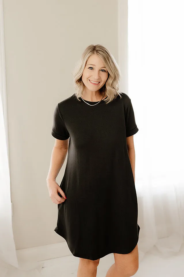 Rolled Sleeve Round Neck Dress