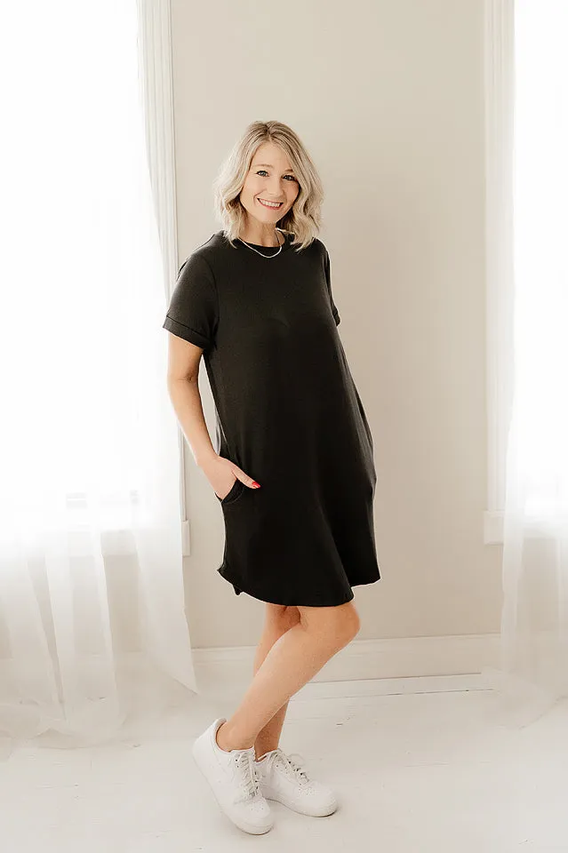 Rolled Sleeve Round Neck Dress