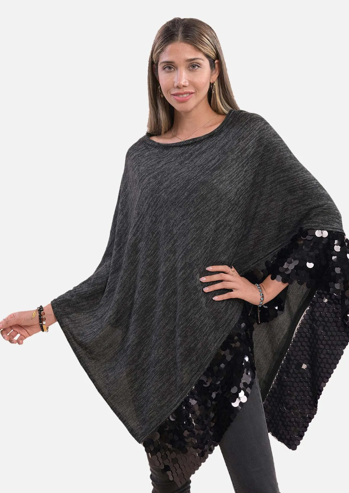 Round Neck Poncho with Sequin Border