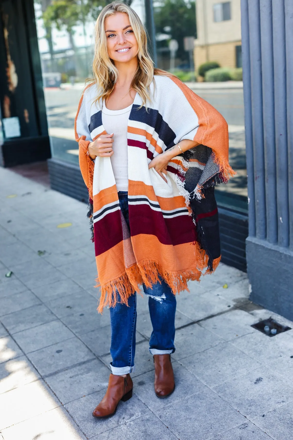 Rust Multicolor Stripe Tassel Fringe Open Poncho