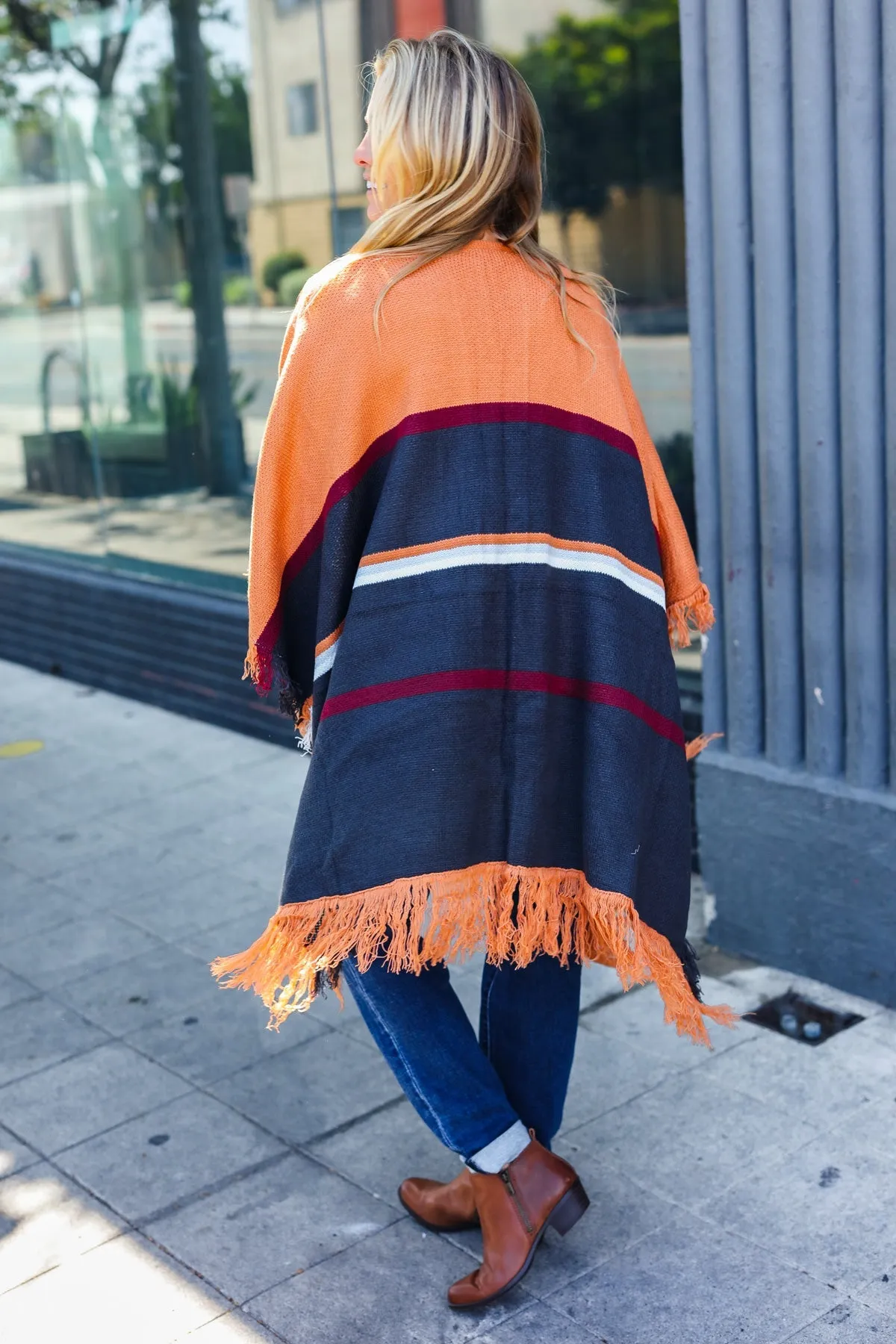 Rust Multicolor Stripe Tassel Fringe Open Poncho