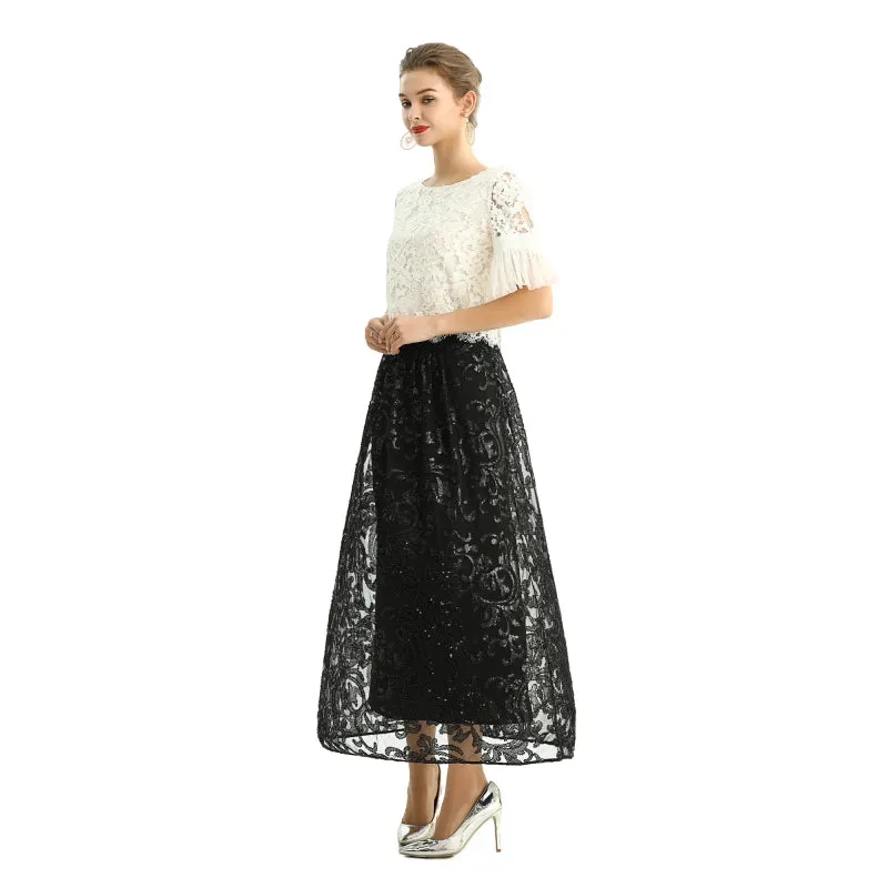 S127 Women sequin embellishment and beading flare long evening skirt