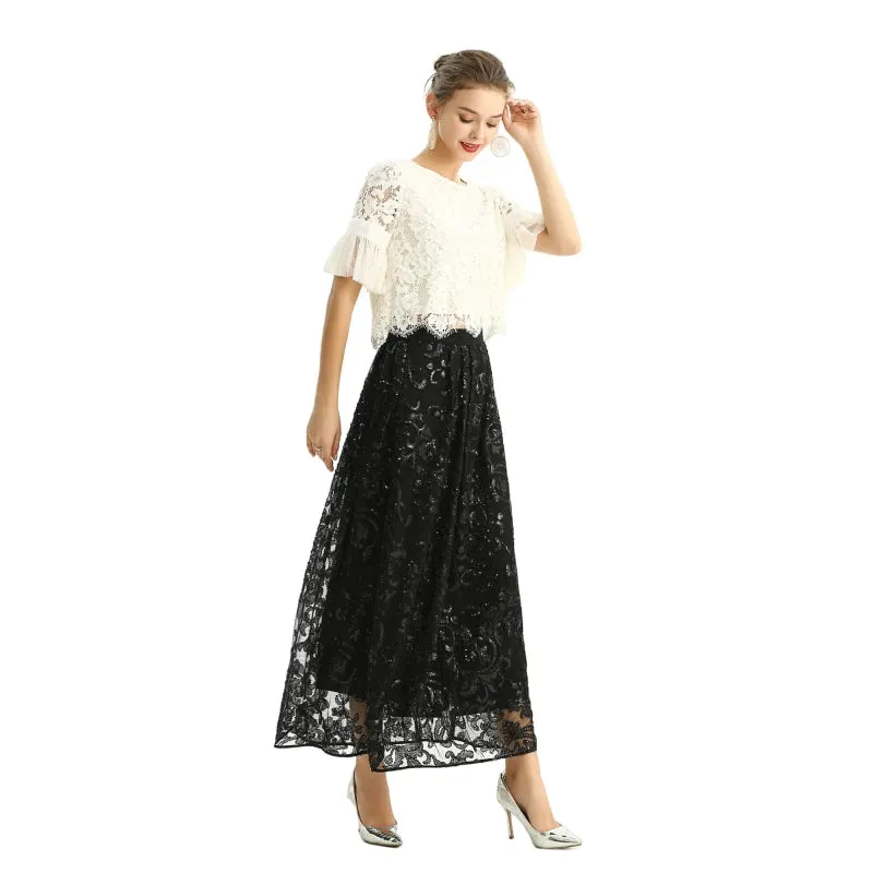 S127 Women sequin embellishment and beading flare long evening skirt