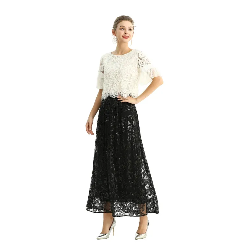 S127 Women sequin embellishment and beading flare long evening skirt