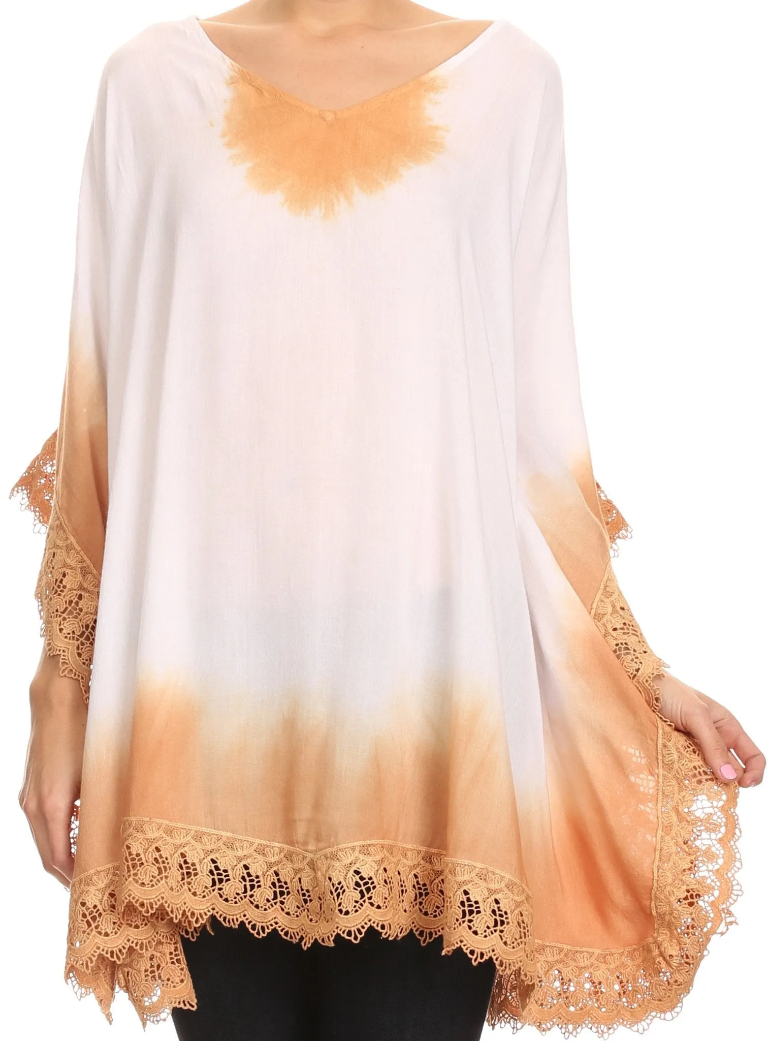 Sakkas Jix Long Embroidery Crochet Lace Tie Dye V Neck Poncho Blouse Shirt Top