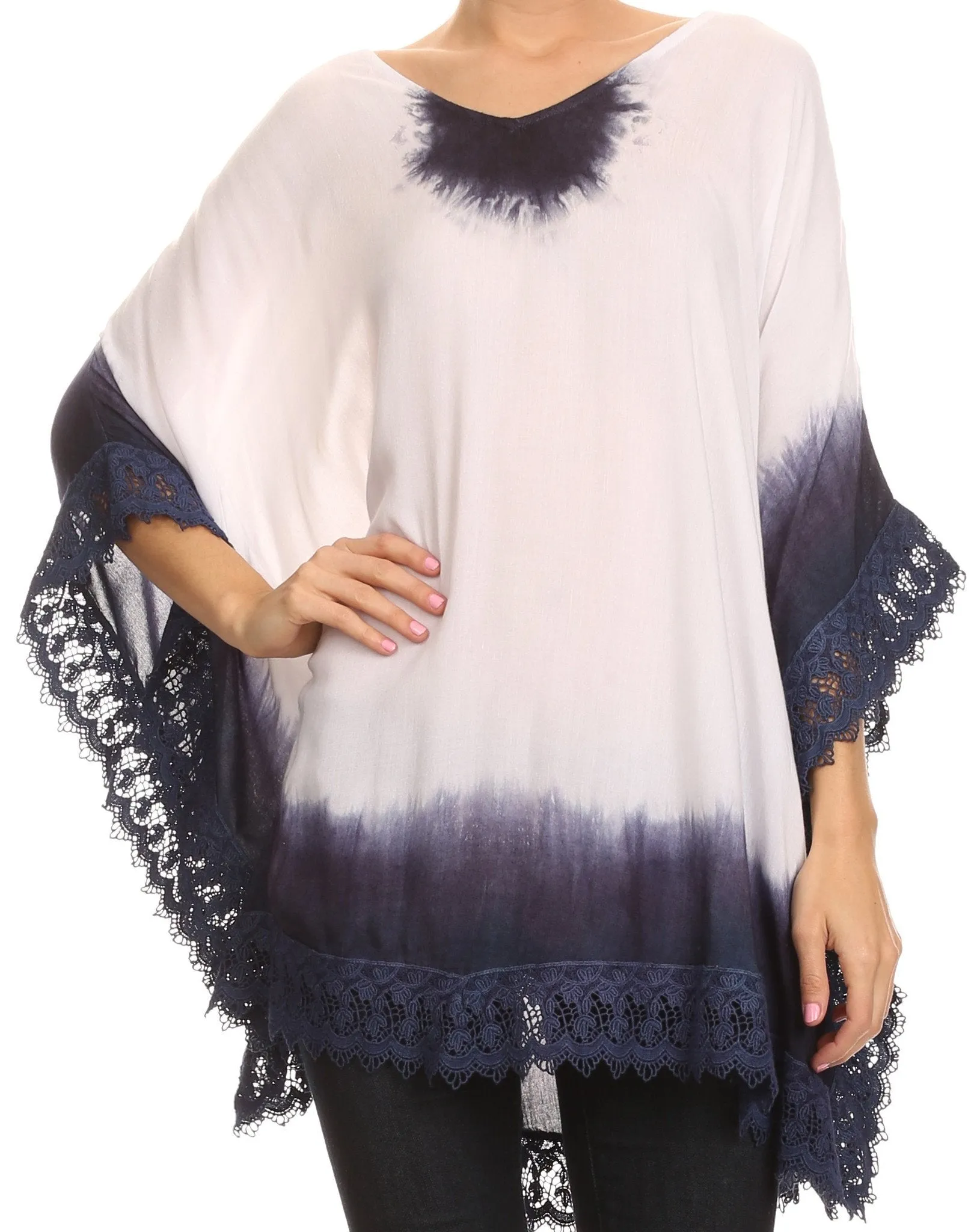 Sakkas Jix Long Embroidery Crochet Lace Tie Dye V Neck Poncho Blouse Shirt Top