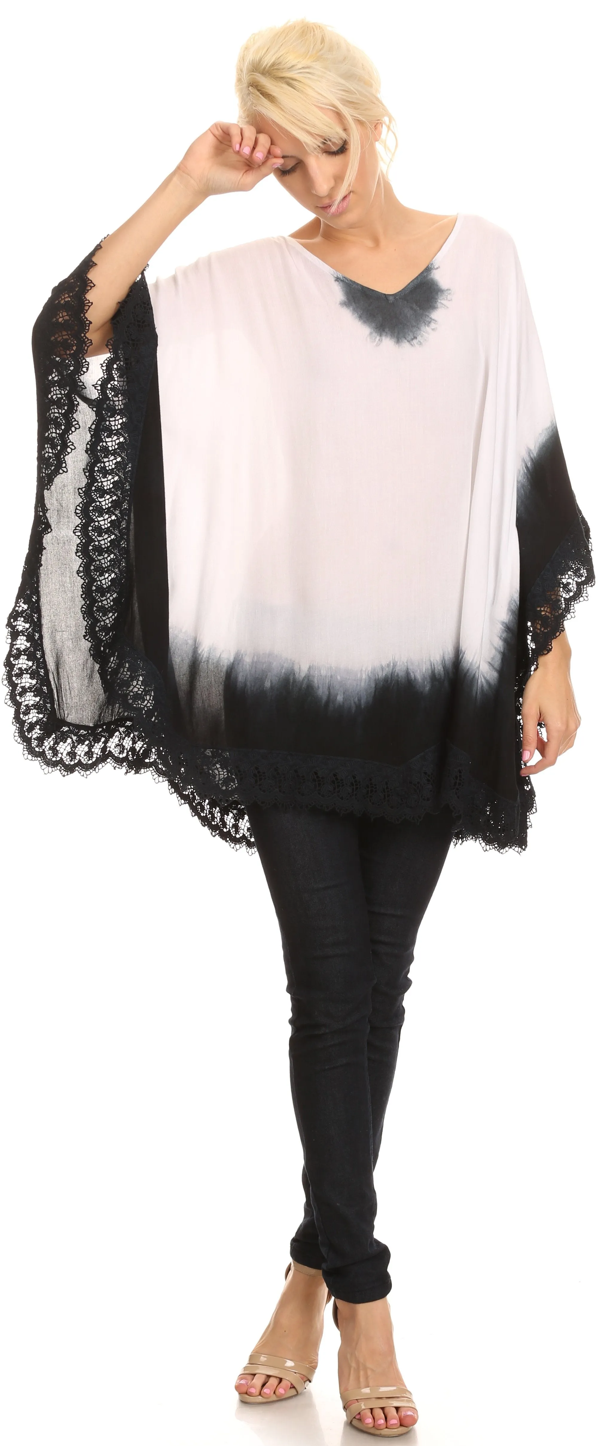 Sakkas Jix Long Embroidery Crochet Lace Tie Dye V Neck Poncho Blouse Shirt Top