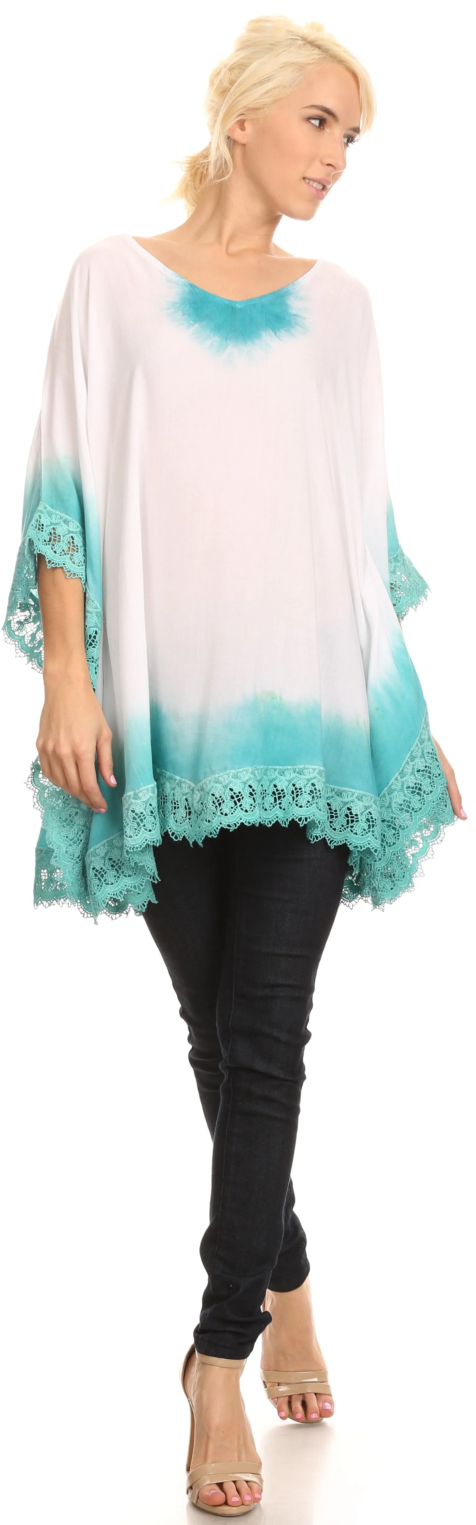 Sakkas Jix Long Embroidery Crochet Lace Tie Dye V Neck Poncho Blouse Shirt Top