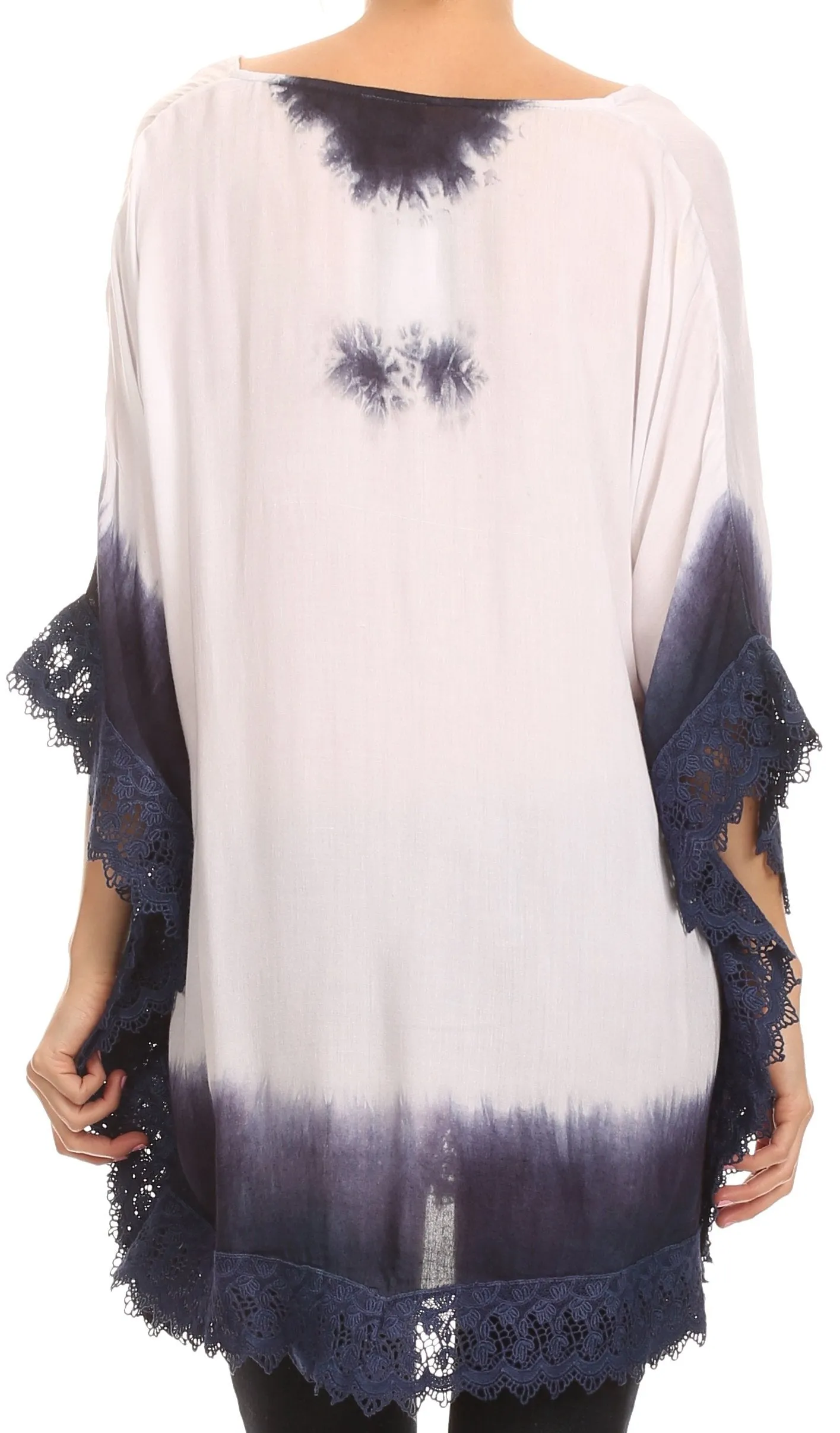 Sakkas Jix Long Embroidery Crochet Lace Tie Dye V Neck Poncho Blouse Shirt Top