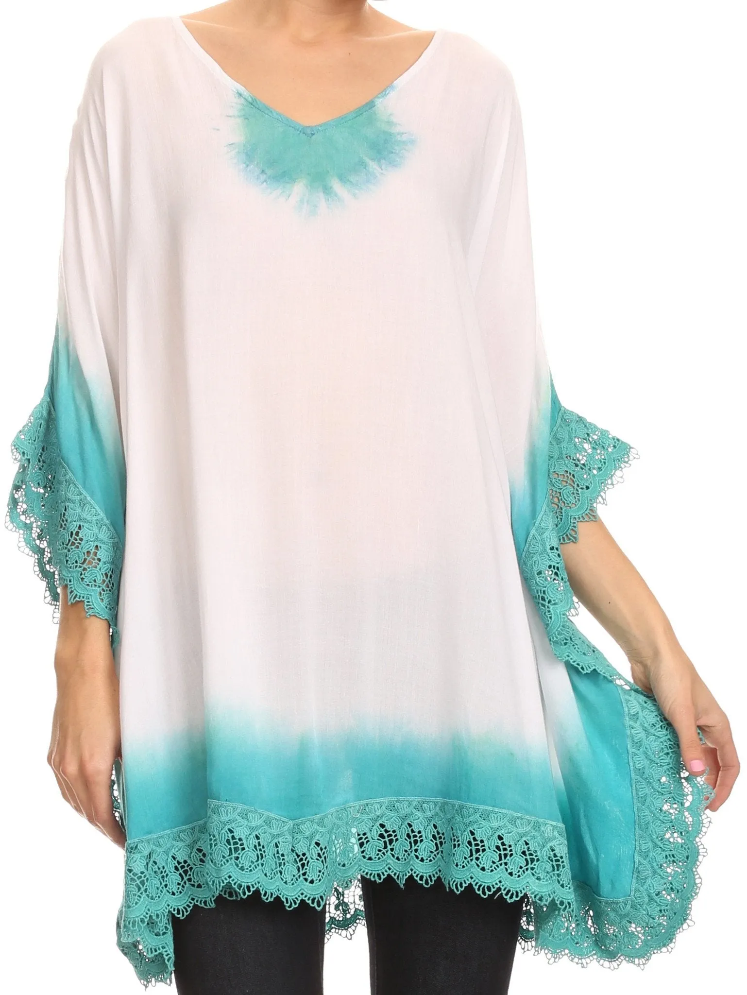 Sakkas Jix Long Embroidery Crochet Lace Tie Dye V Neck Poncho Blouse Shirt Top