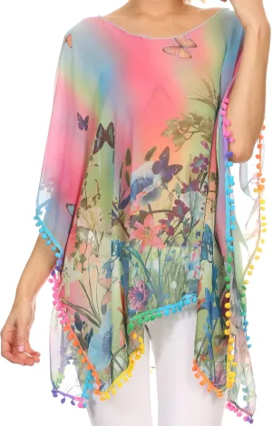 Sakkas Lilll Long Wide Ombre Pom Pom Embroidery Hem Floral Print Poncho Top Blouse