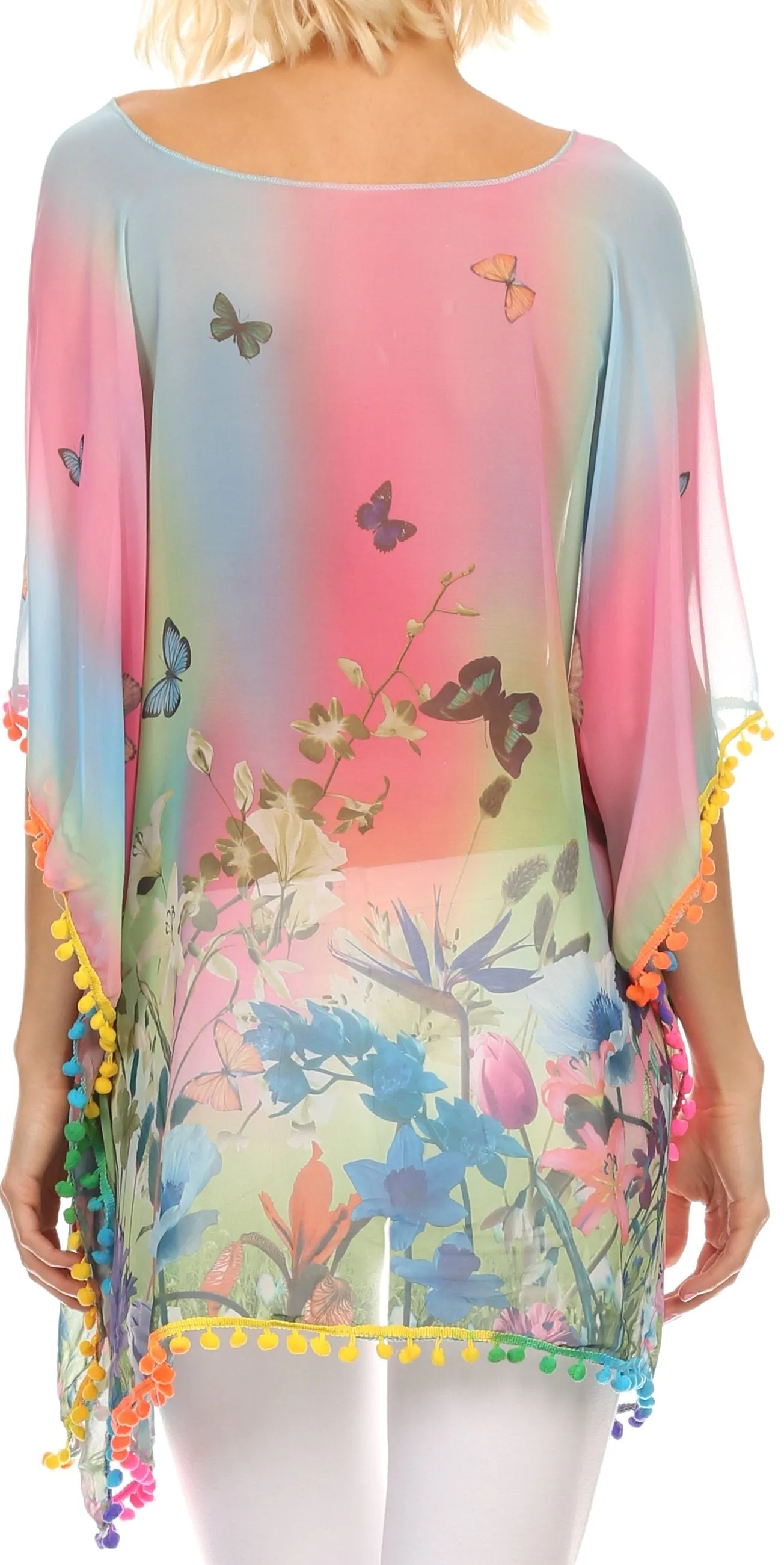 Sakkas Lilll Long Wide Ombre Pom Pom Embroidery Hem Floral Print Poncho Top Blouse