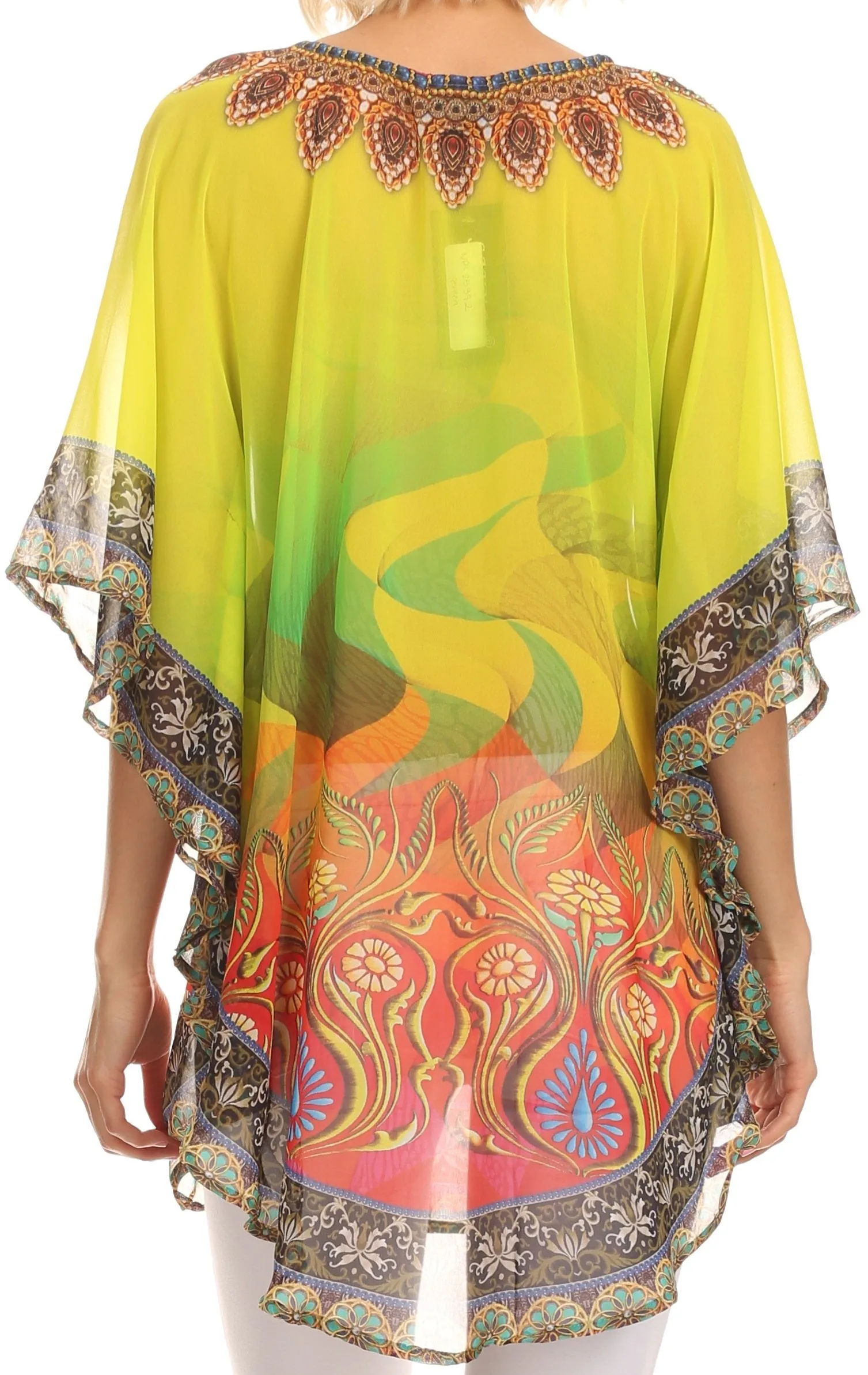 Sakkas Villa Long Wide Tall Printed Rhinestone Circle Poncho Top Blouse Cover Up