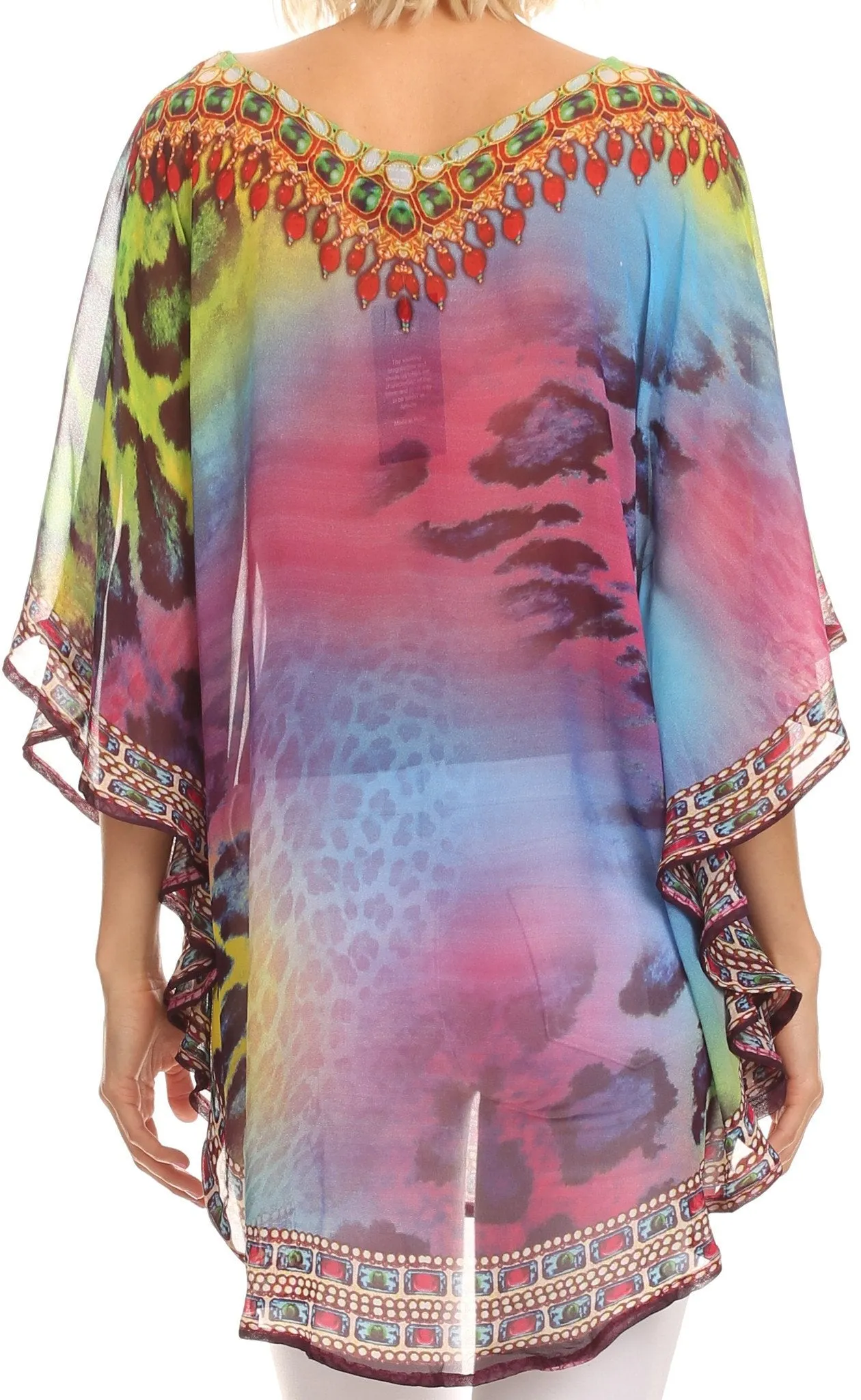 Sakkas Villa Long Wide Tall Printed Rhinestone Circle Poncho Top Blouse Cover Up