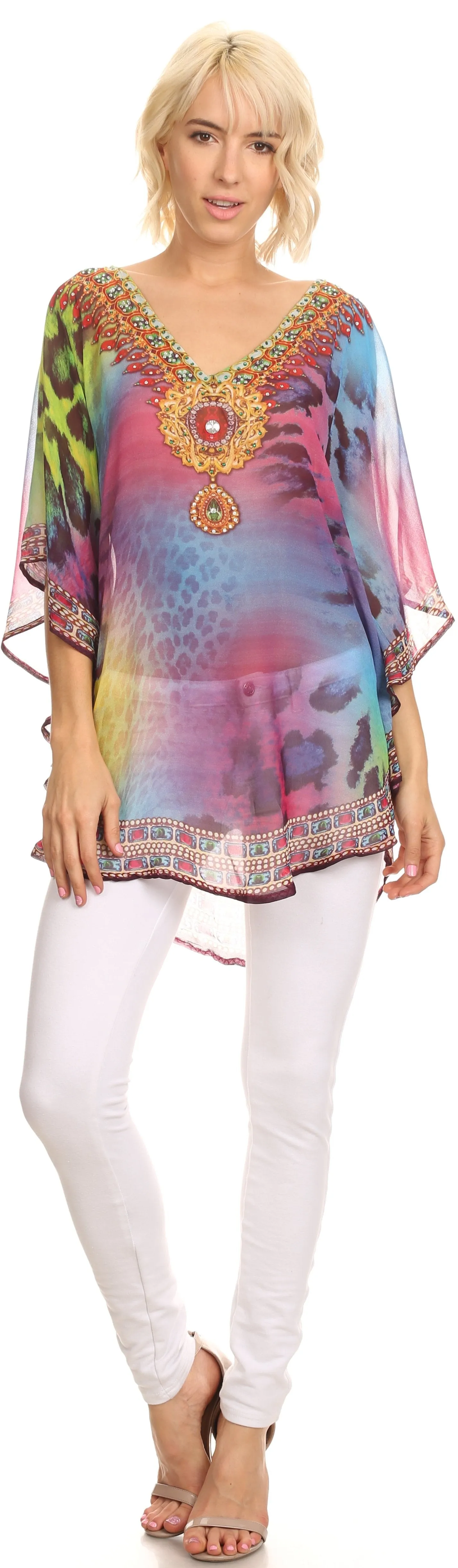 Sakkas Villa Long Wide Tall Printed Rhinestone Circle Poncho Top Blouse Cover Up