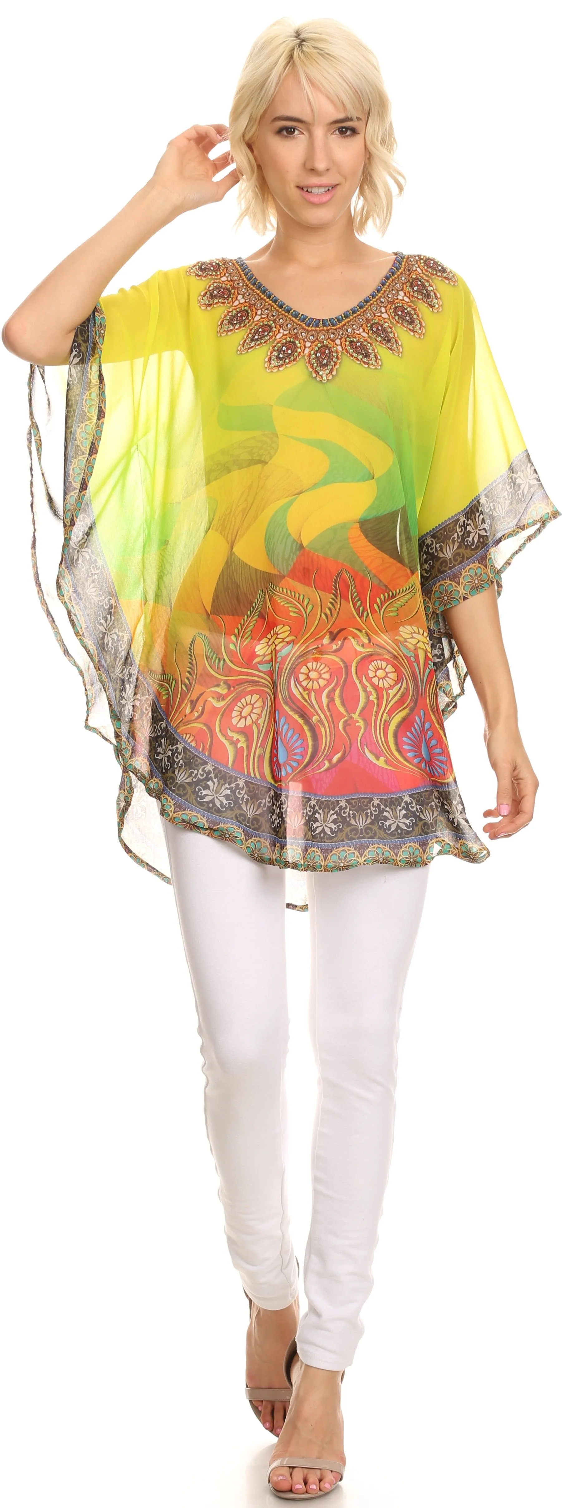 Sakkas Villa Long Wide Tall Printed Rhinestone Circle Poncho Top Blouse Cover Up