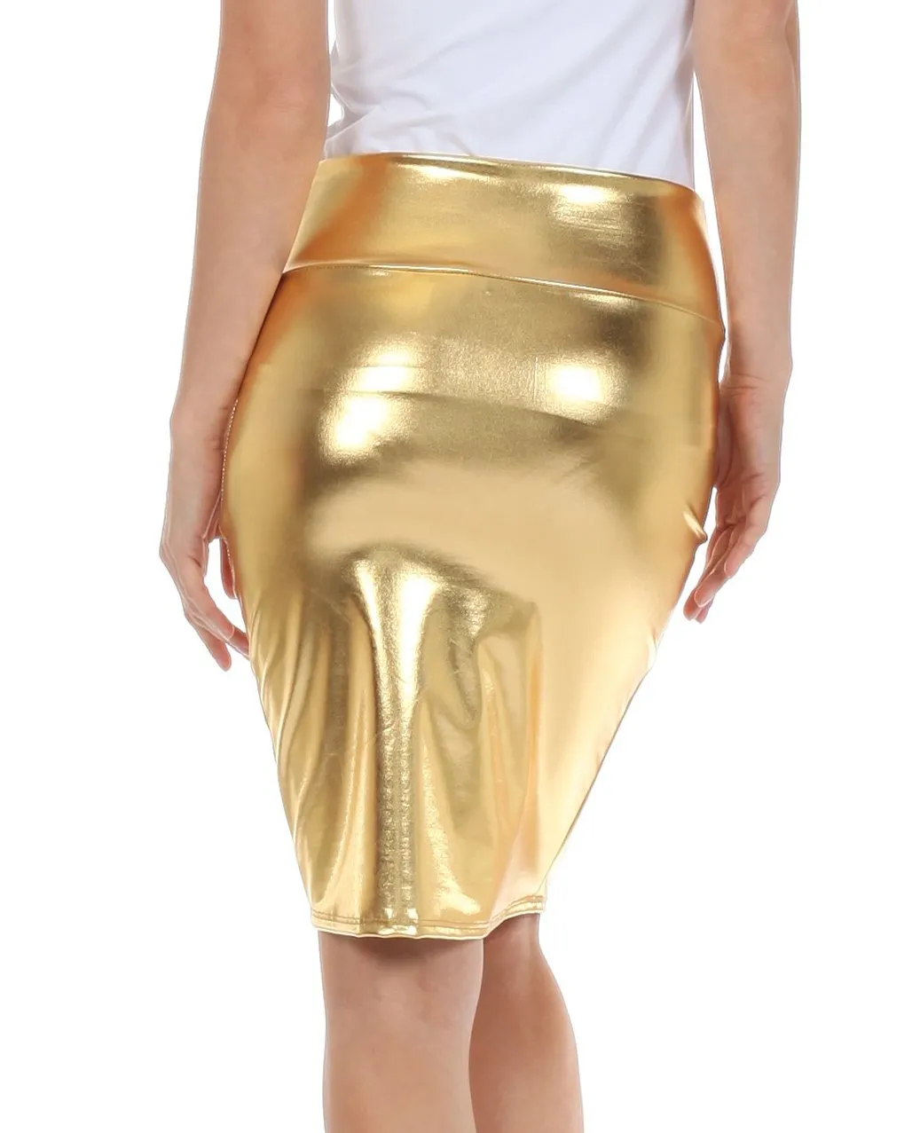 Sakkas Women's Shiny Metallic Liquid High Waist Pencil Skirt