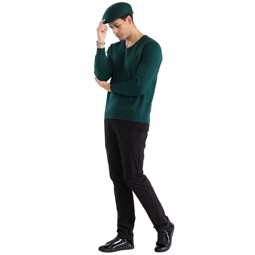 Sam Jacobi Mens Pullover Hunter Green Knitted Sweater V-neck Stylish Knitwear Long Sleeve Casual Slim Fit