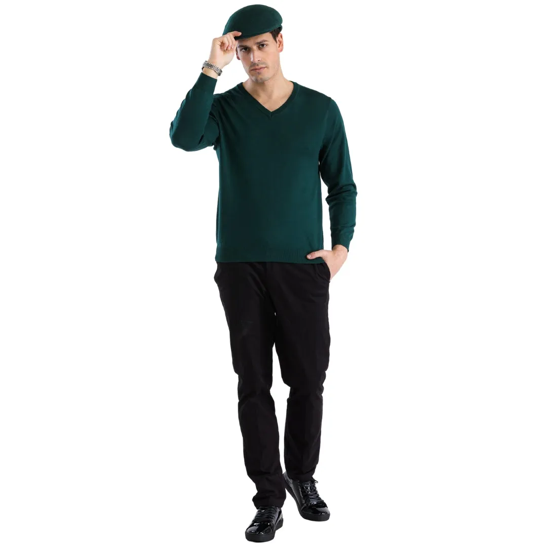 Sam Jacobi Mens Pullover Hunter Green Knitted Sweater V-neck Stylish Knitwear Long Sleeve Casual Slim Fit