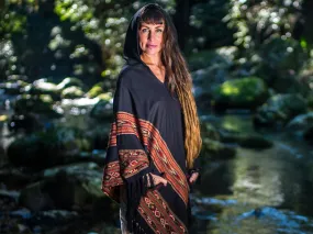 SAMADHI Handmade Poncho Black Yak Wool and Acrylic Wool Blend With Large Hood and Pockets, Earthy Tribal Pattern Festival AJJAYA Mexican