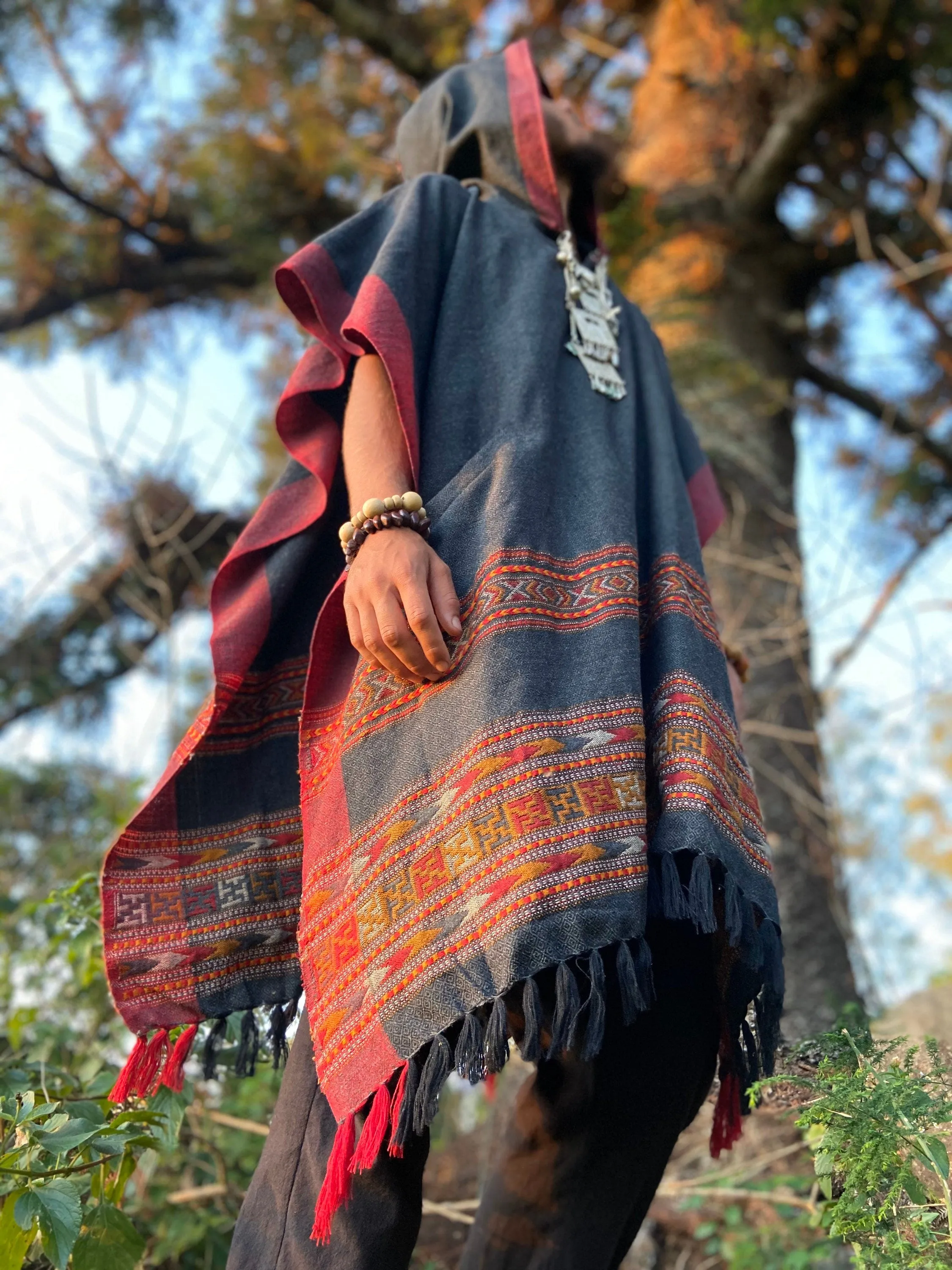 SAMADHI Long Poncho Mens Hooded Dark Grey Cashmere and Acrylic Wool Blend Tribal Embroidery Large Hood Pockets Hippie Boho festival AJJAYA