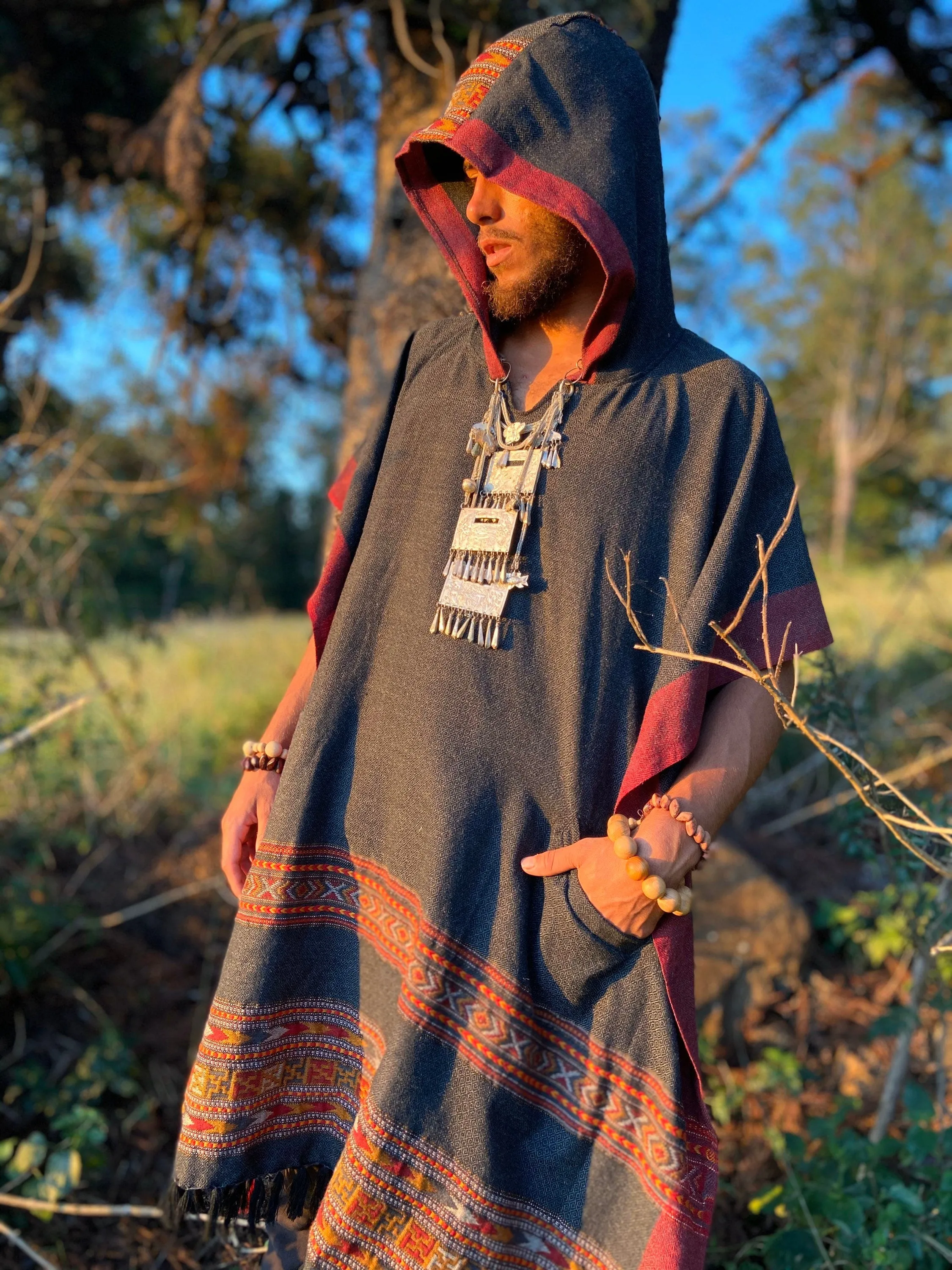 SAMADHI Long Poncho Mens Hooded Dark Grey Cashmere and Acrylic Wool Blend Tribal Embroidery Large Hood Pockets Hippie Boho festival AJJAYA