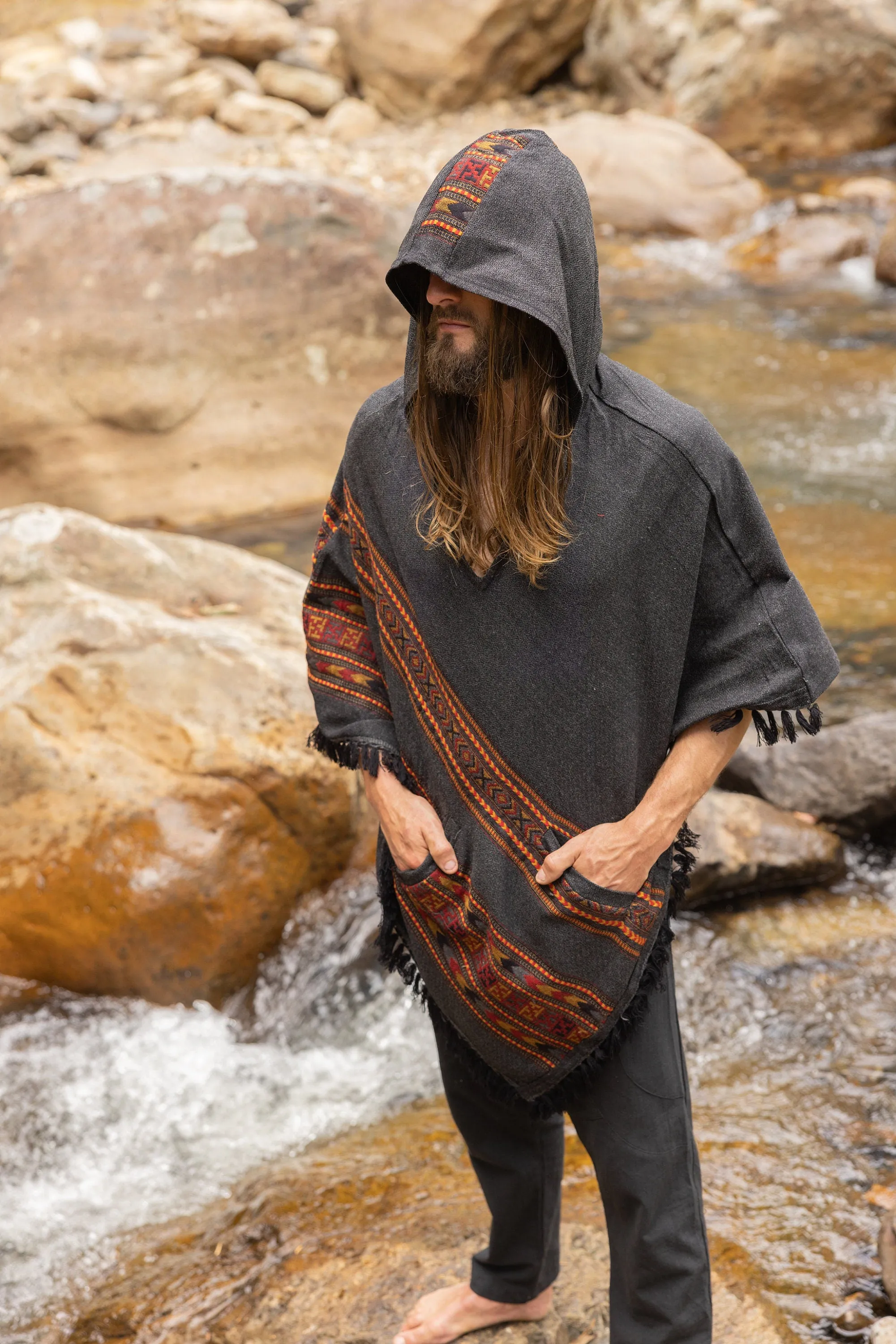 SAMADHI Mens Poncho Dark Grey Yak Wool and Acrylic Wool Blend Handmade Large Hood Pockets Earthy Tribal Pattern Festival AJJAYA Mexican