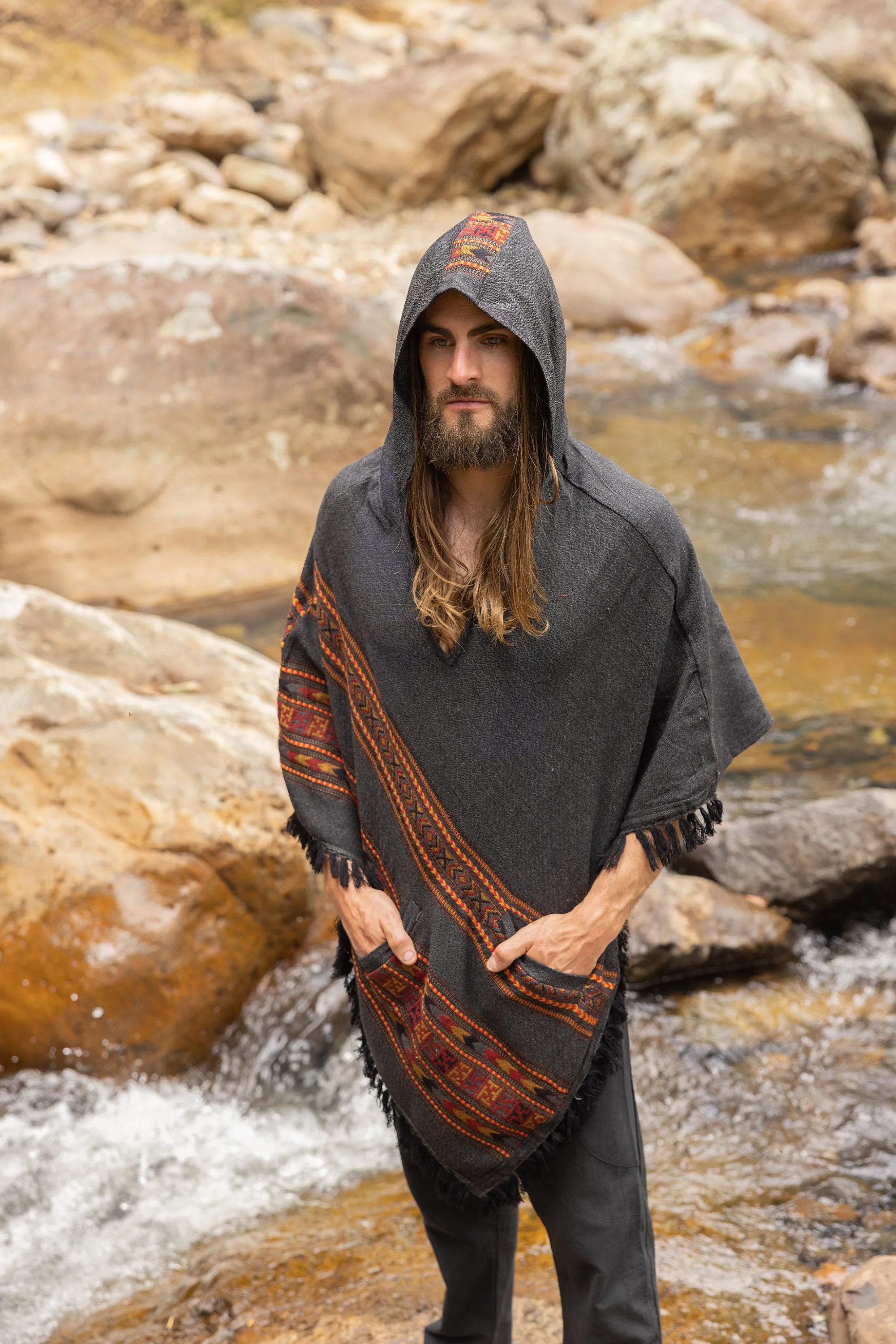 SAMADHI Mens Poncho Dark Grey Yak Wool and Acrylic Wool Blend Handmade Large Hood Pockets Earthy Tribal Pattern Festival AJJAYA Mexican