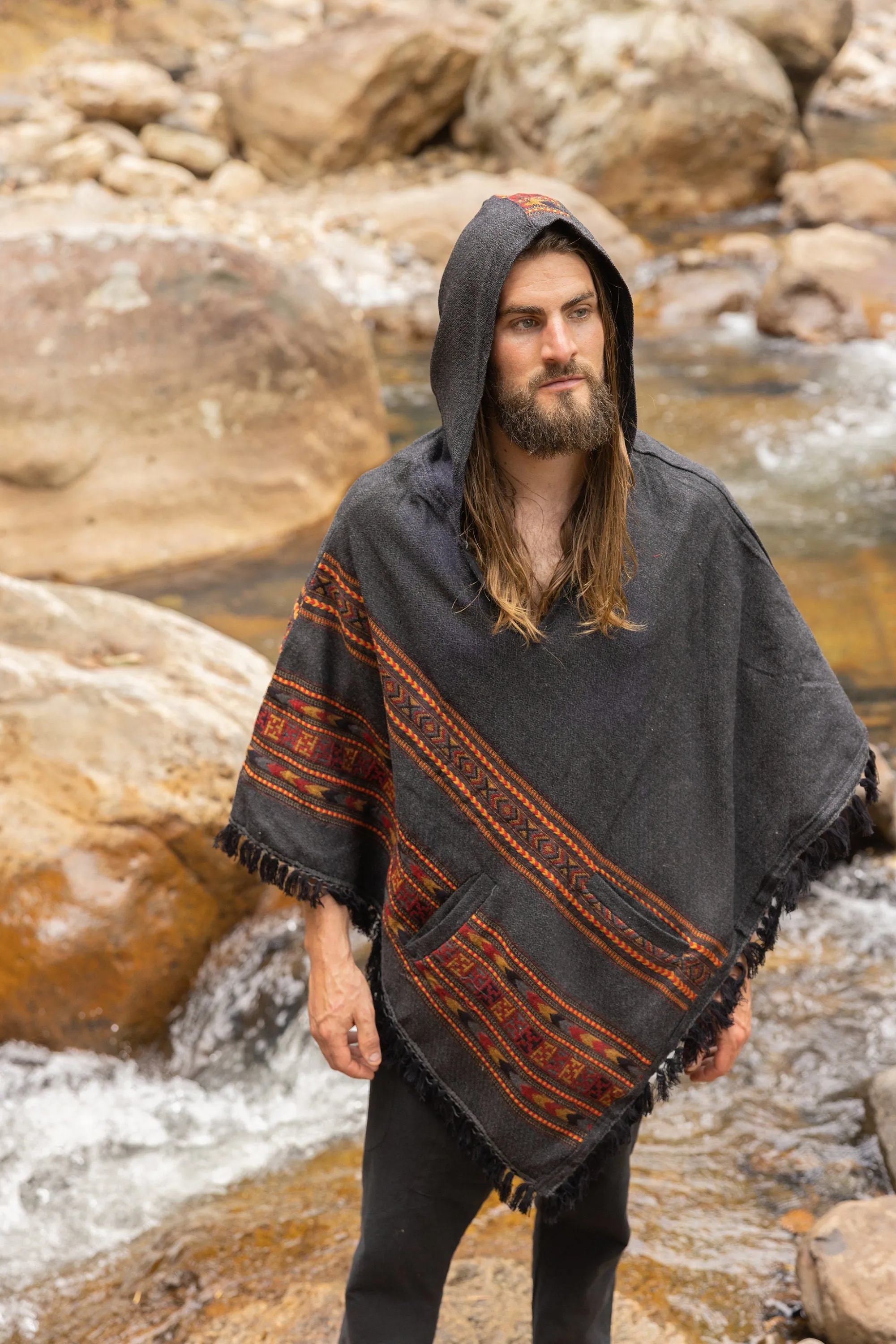 SAMADHI Mens Poncho Dark Grey Yak Wool and Acrylic Wool Blend Handmade Large Hood Pockets Earthy Tribal Pattern Festival AJJAYA Mexican