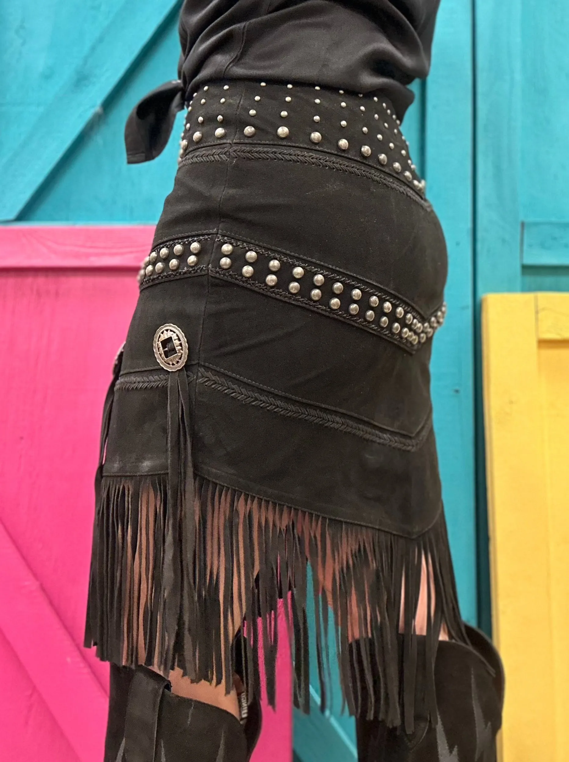 Scully Women's Black Suede Leather Concho and Stud Fringed Skirt  L1106