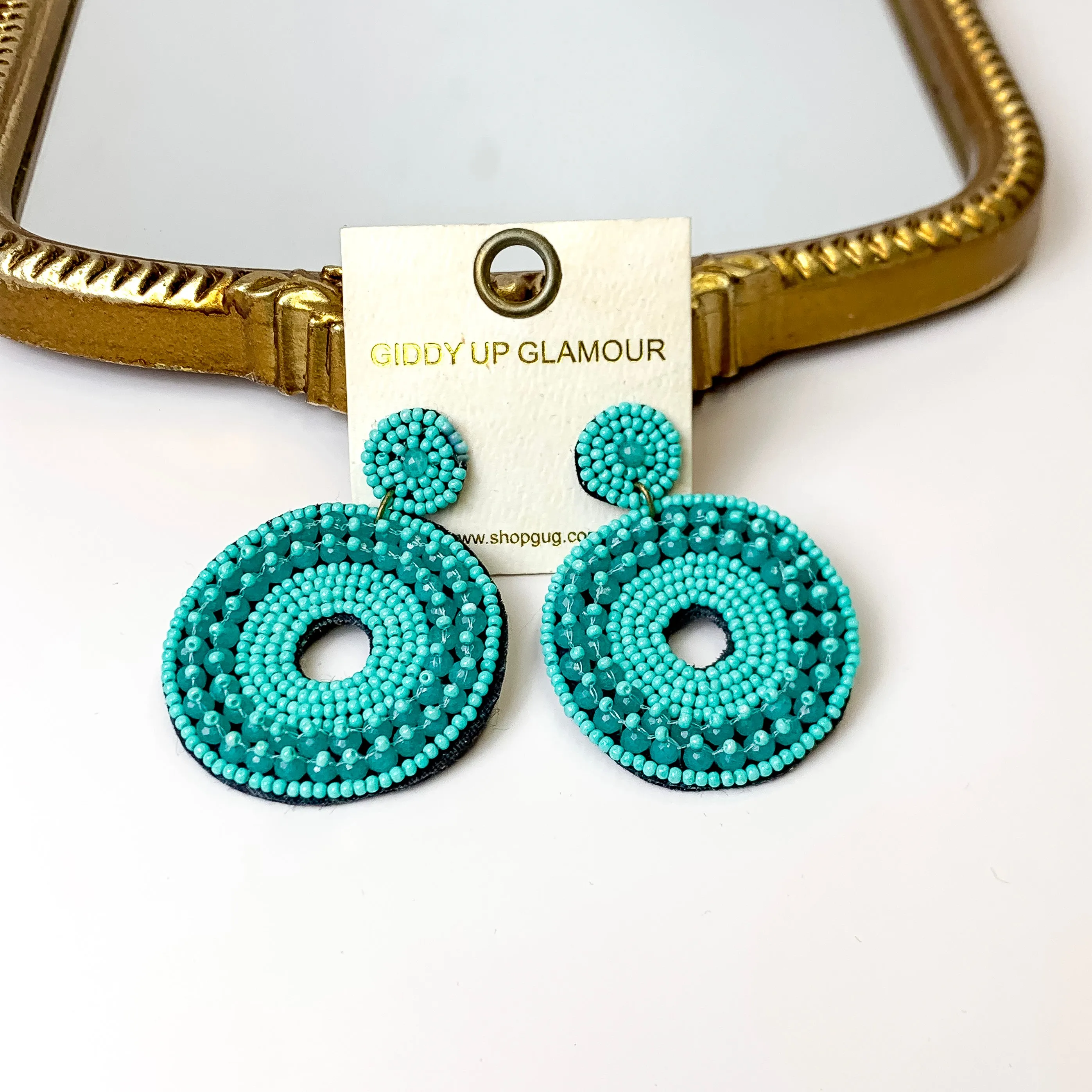 Seed Bead Circle Drop Earrings in Teal Blue