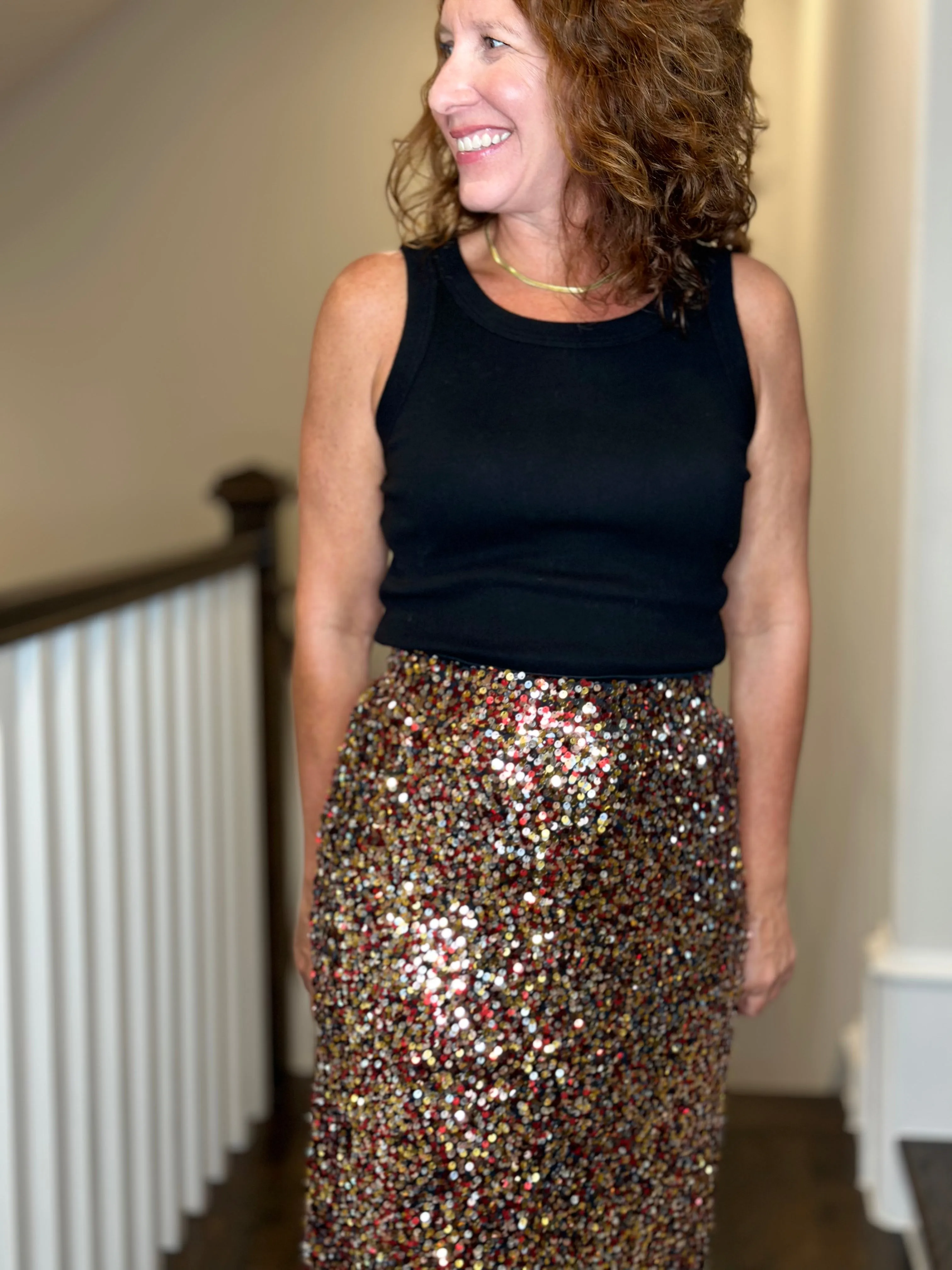 Sequin Pencil Skirt in Gold, Red & Silver