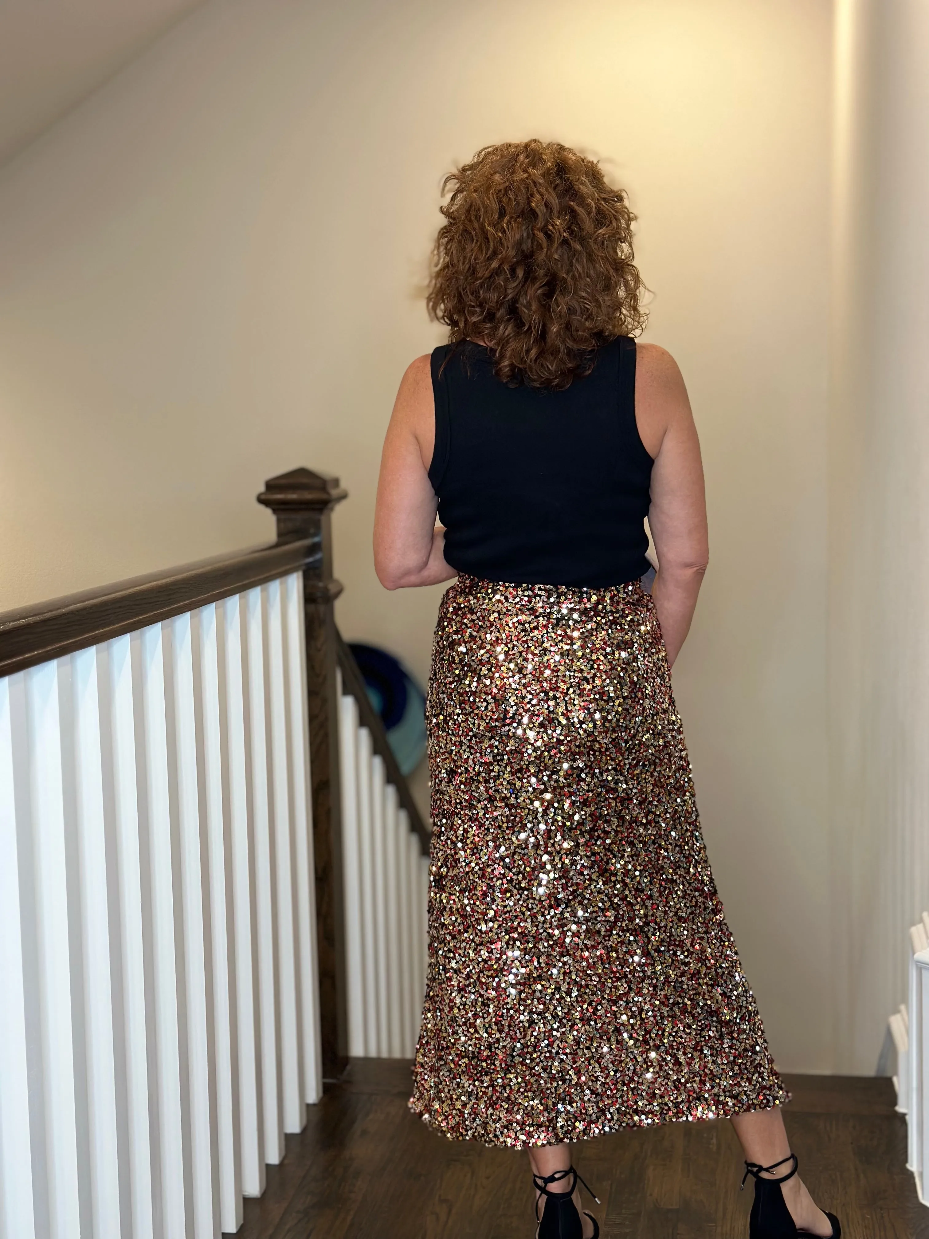 Sequin Pencil Skirt in Gold, Red & Silver