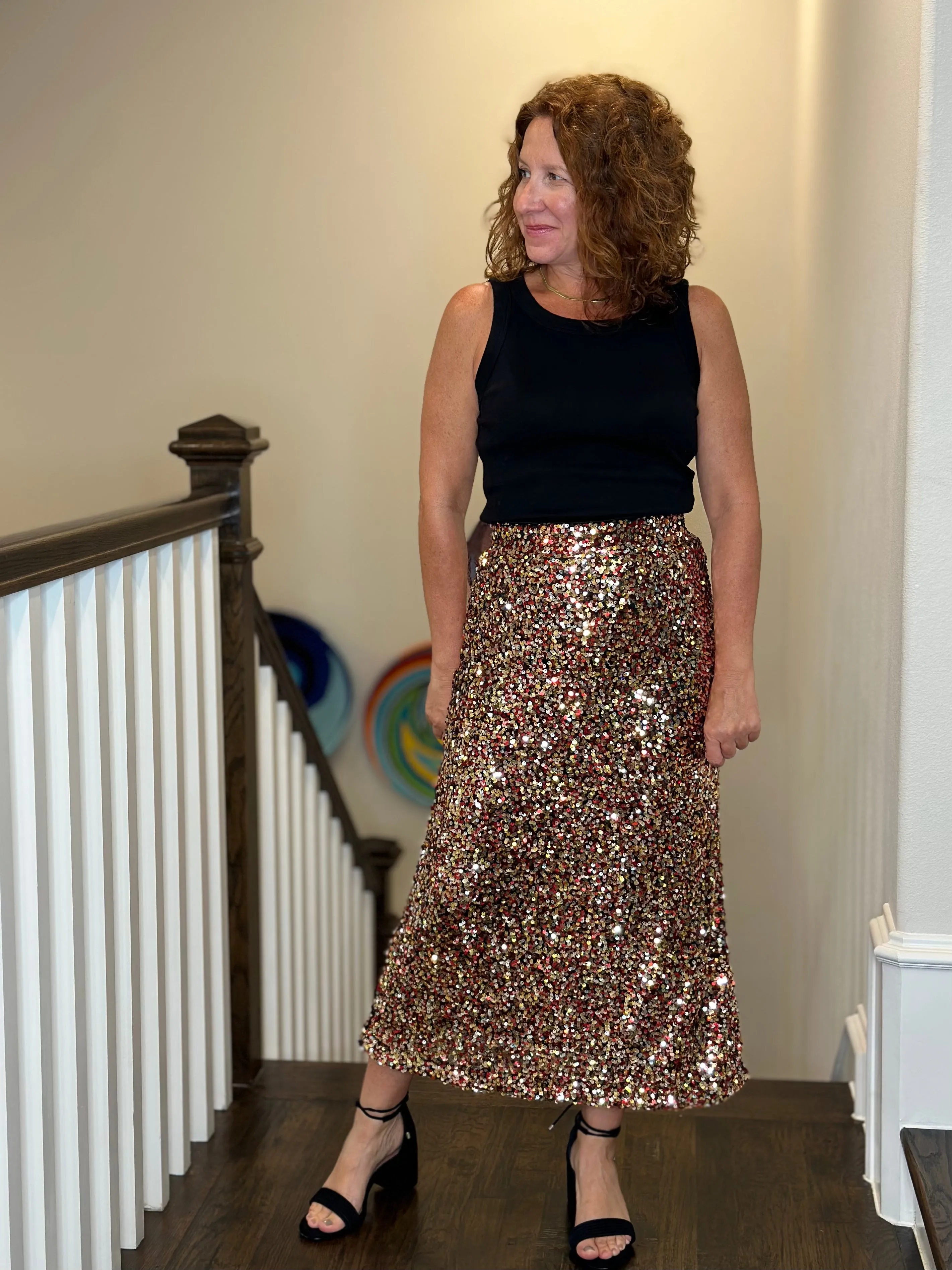 Sequin Pencil Skirt in Gold, Red & Silver