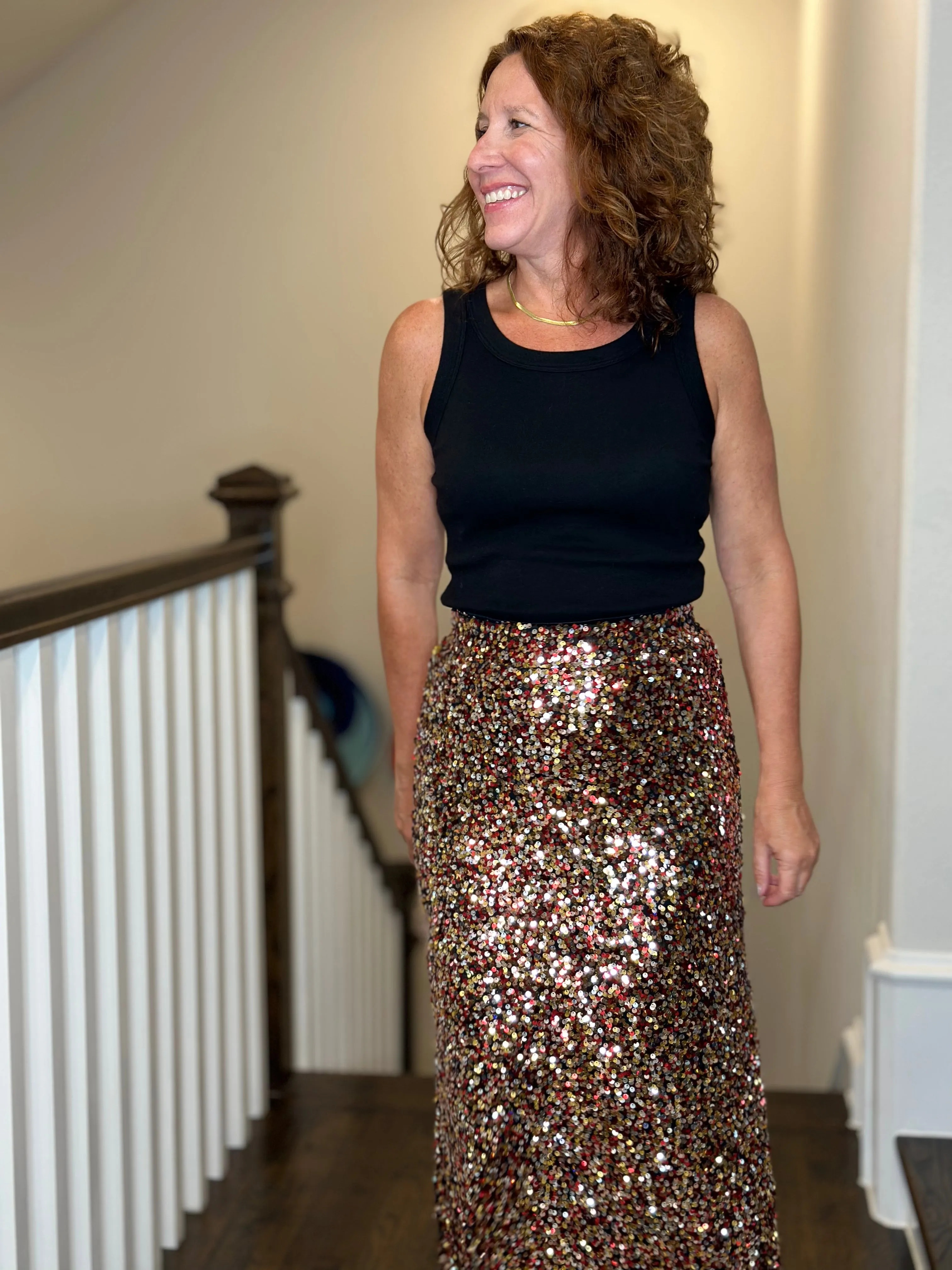 Sequin Pencil Skirt in Gold, Red & Silver