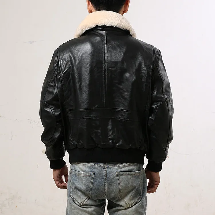 Sheepskin Leather Male Bomber Jacket Wool Collar