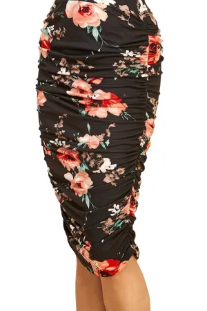 Shirred Pencil Skirt in Black Floral Style 1147